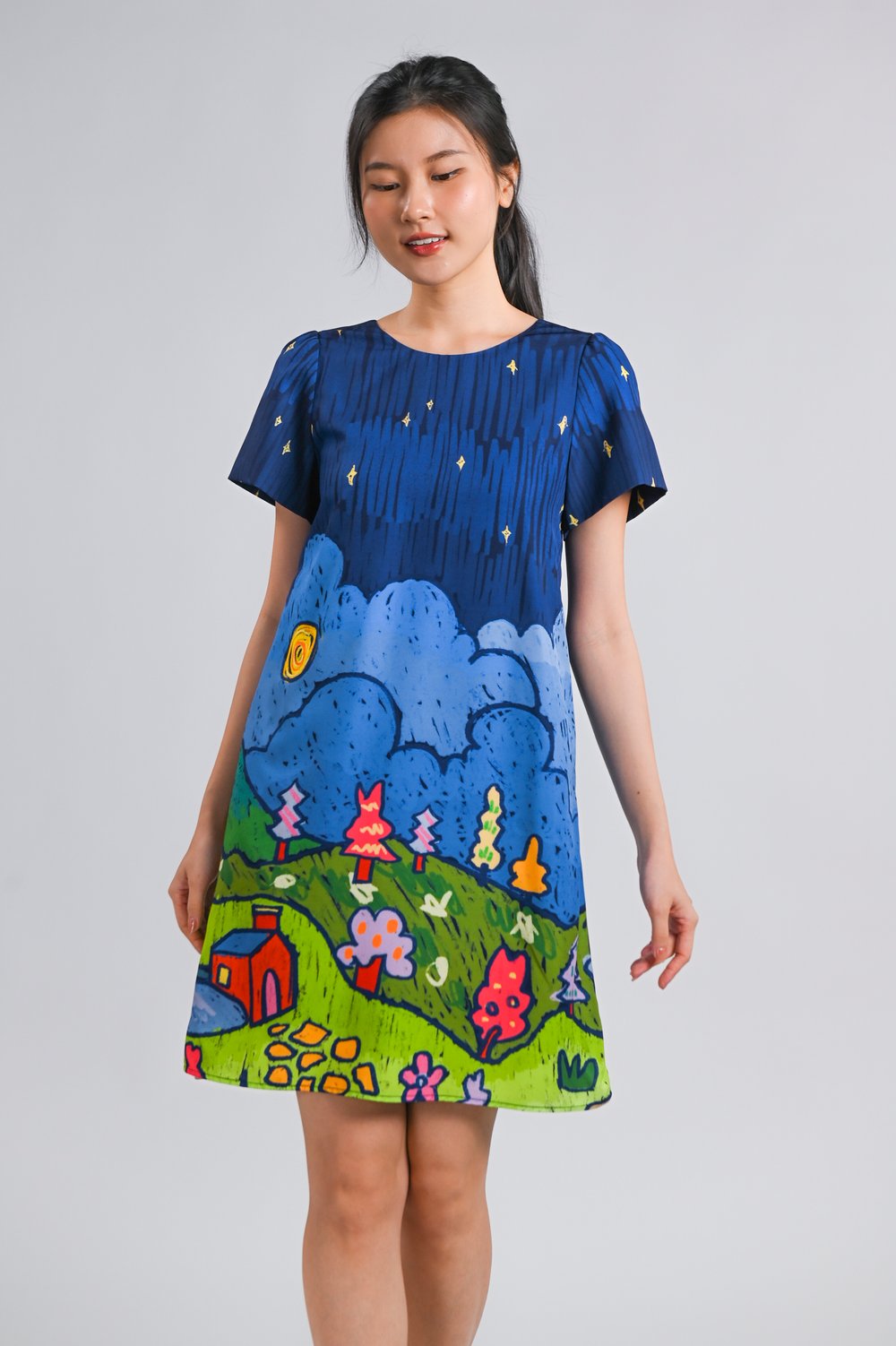 STARRY NIGHT SLEEVED SHIFT DRESS