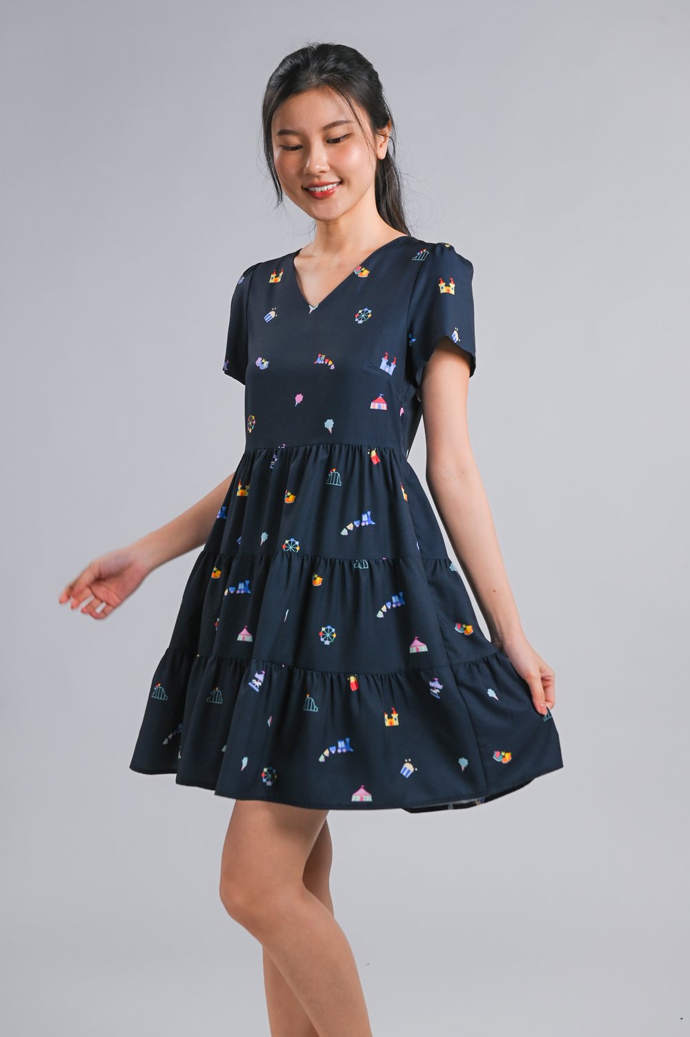 CARNIVAL NAVY PRINTED BABYDOLL DRESS