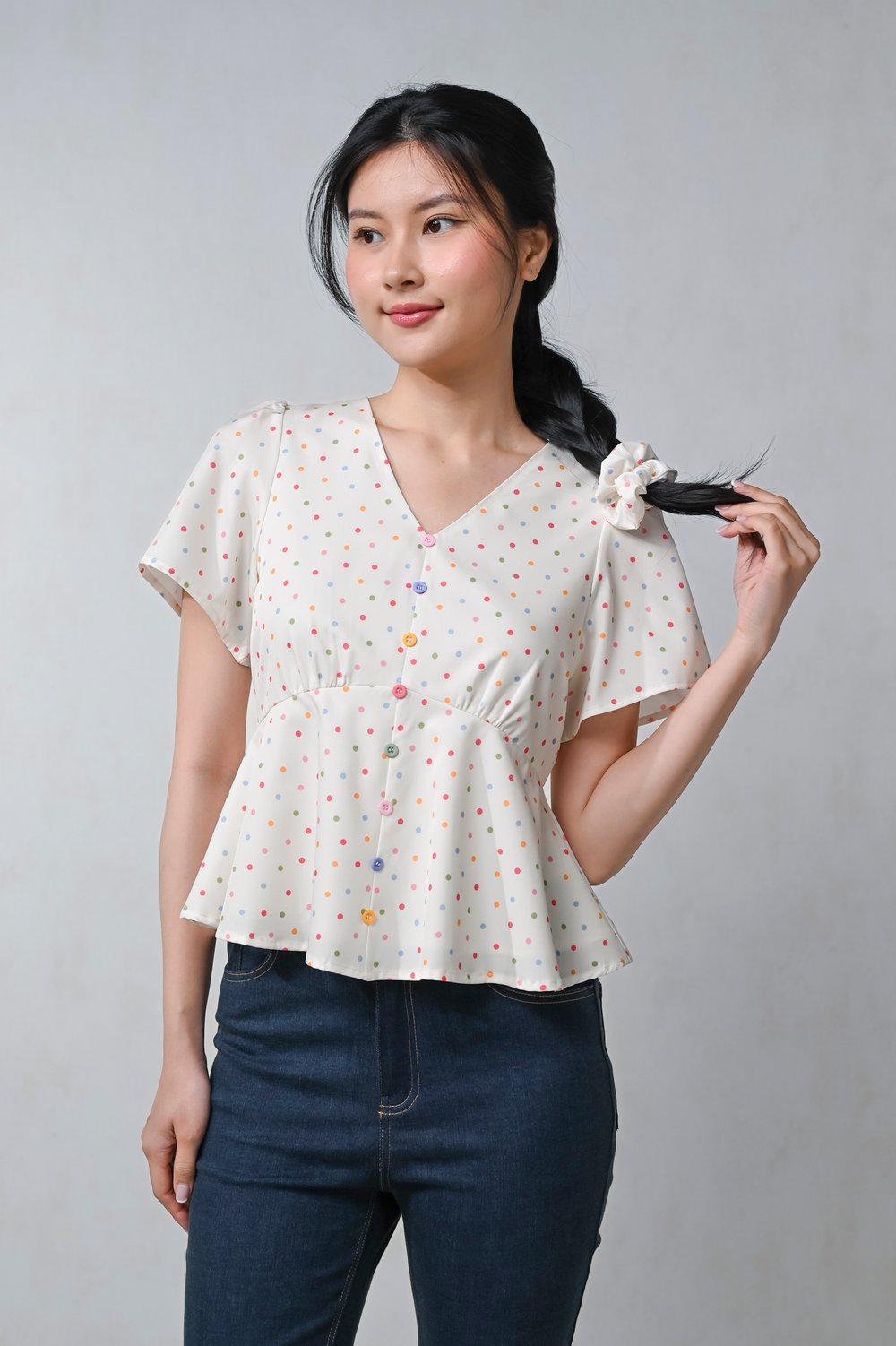 WONDER POLKA SLEEVED PEPLUM TOP
