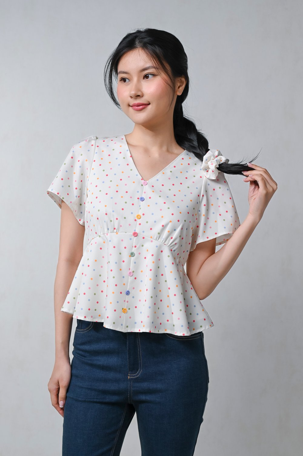 WONDER POLKA SLEEVED PEPLUM TOP