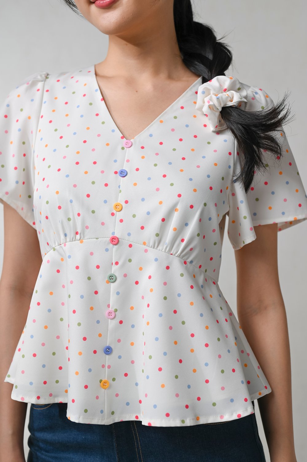 WONDER POLKA SLEEVED PEPLUM TOP
