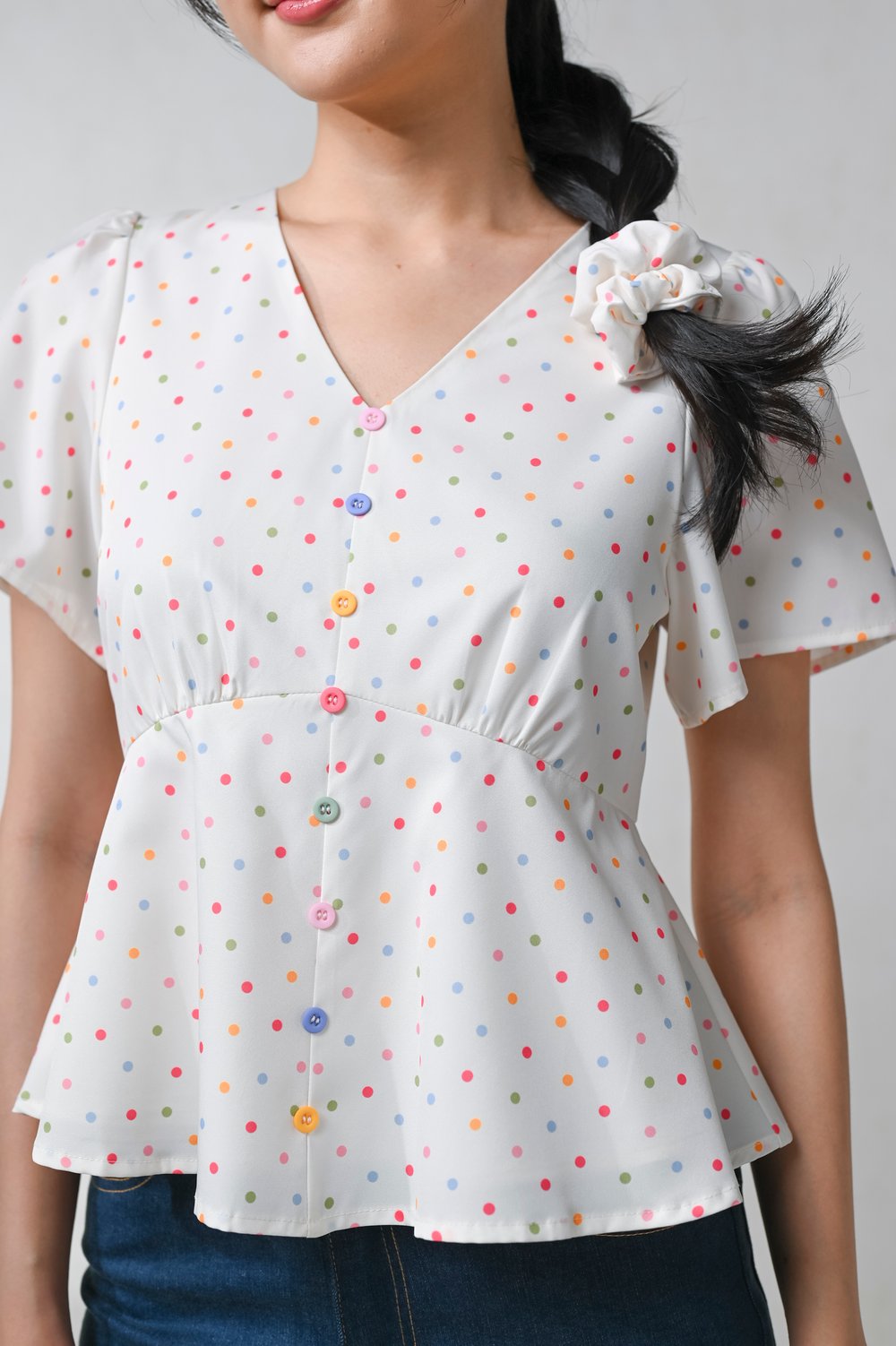 WONDER POLKA SLEEVED PEPLUM TOP