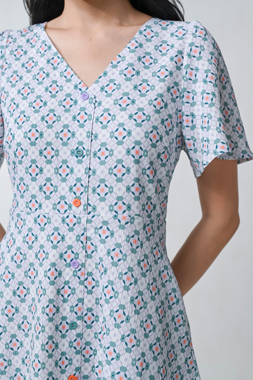 WHITE JADE SLEEVED SHORT BUTTON DRESS