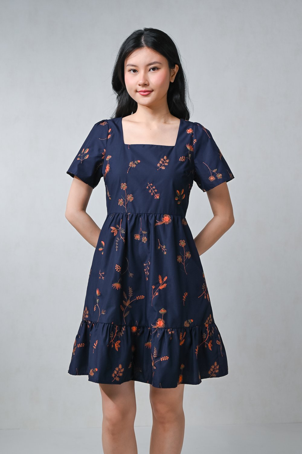 ZOSIA NAVY EMB. SQUARE-NECK FLOUNCE DRESS