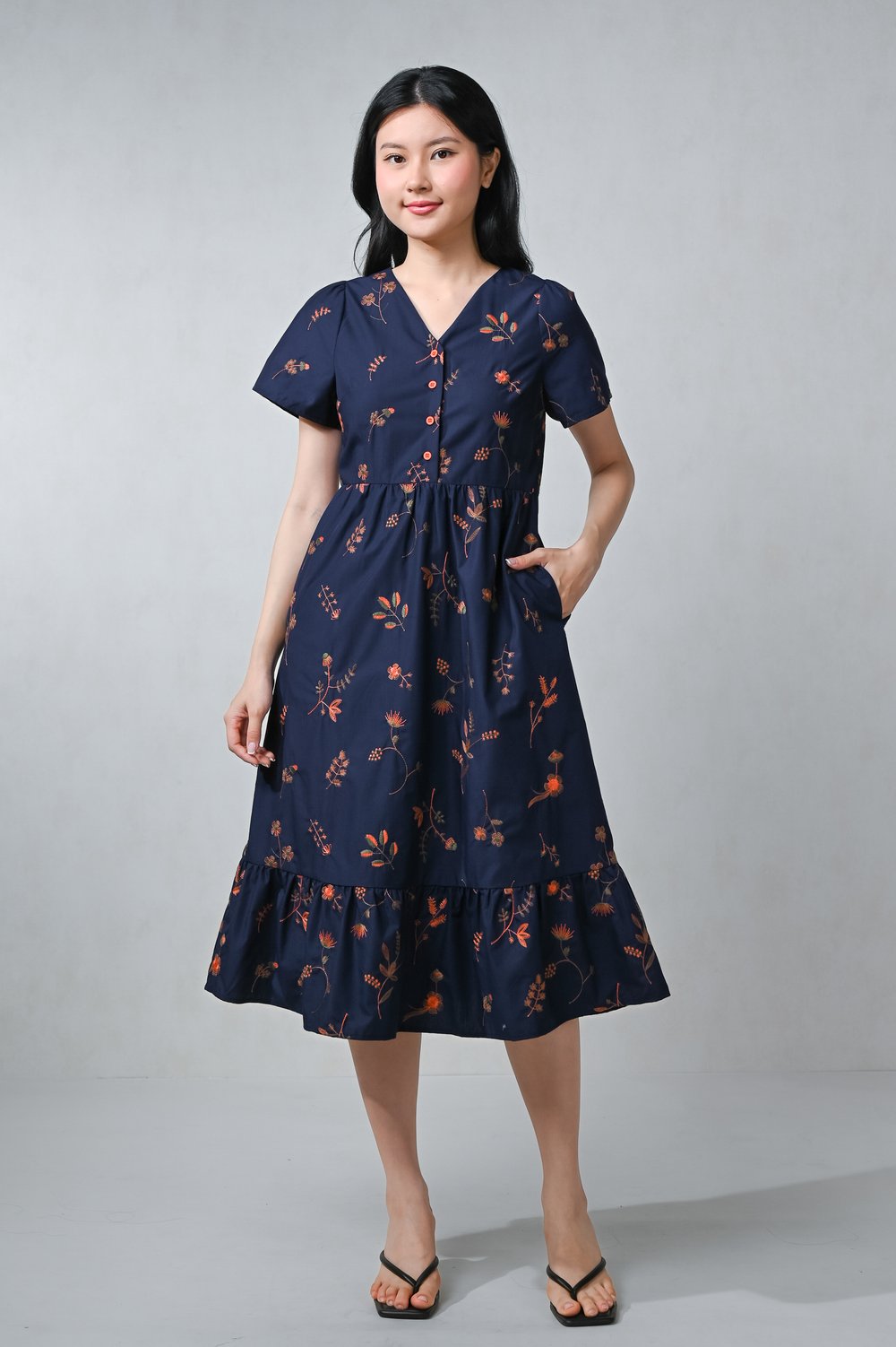 FLOSIA NAVY EMB. V-NECK SLEEVED BUTTON DRESS