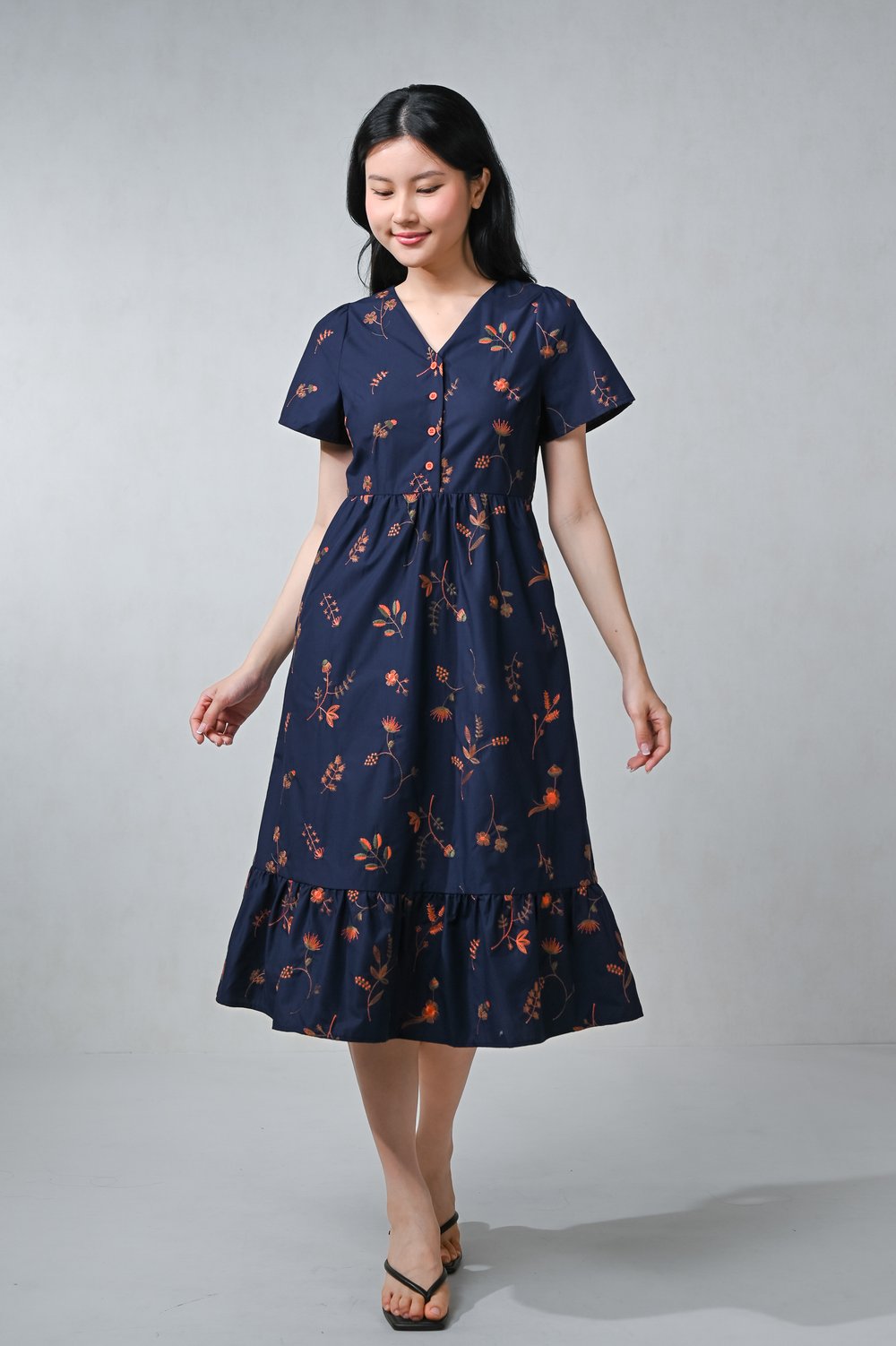 FLOSIA NAVY EMB. V-NECK SLEEVED BUTTON DRESS