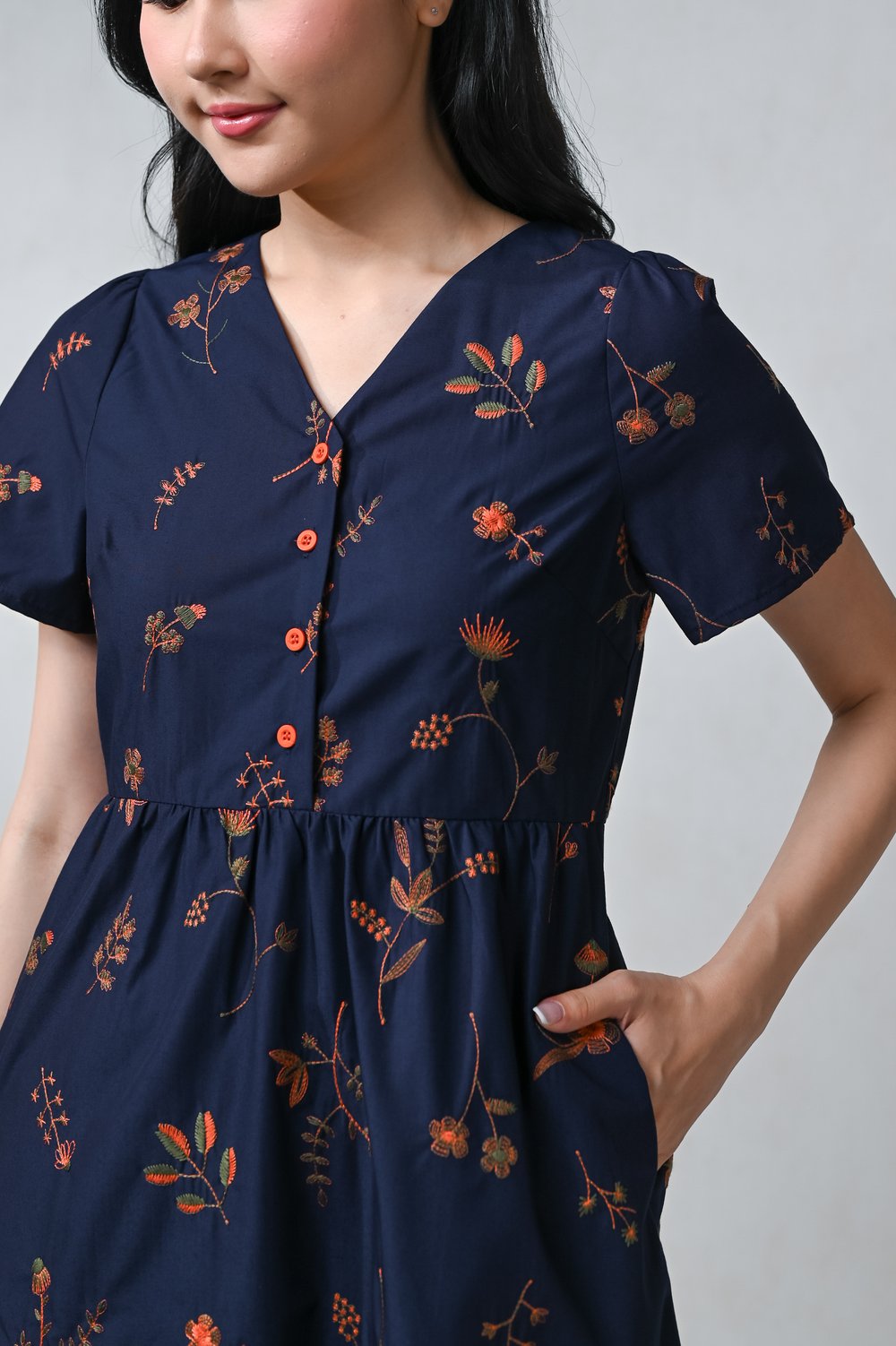 FLOSIA NAVY EMB. V-NECK SLEEVED BUTTON DRESS