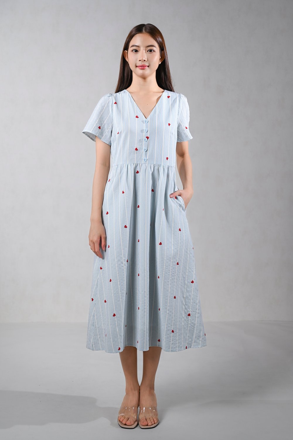 HEARTIE STRIPE V-NECK SLEEVED MIDI DRESS IN BLUE