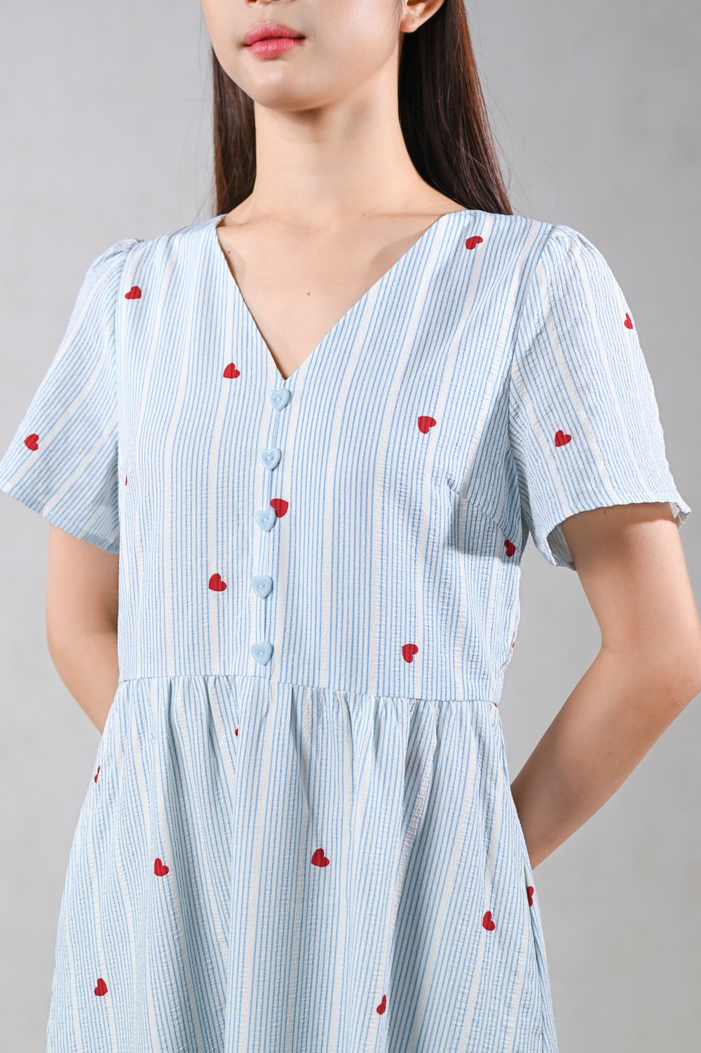 HEARTIE STRIPE V-NECK SLEEVED MIDI DRESS IN BLUE
