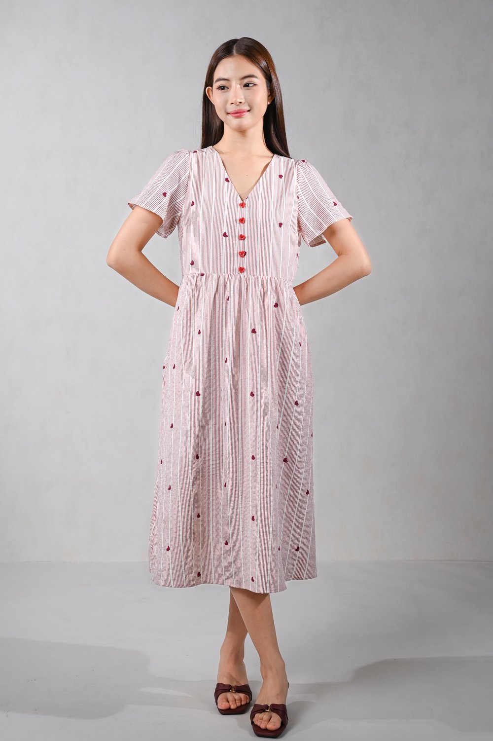 HEARTIE STRIPE V-NECK SLEEVED MIDI DRESS IN RED
