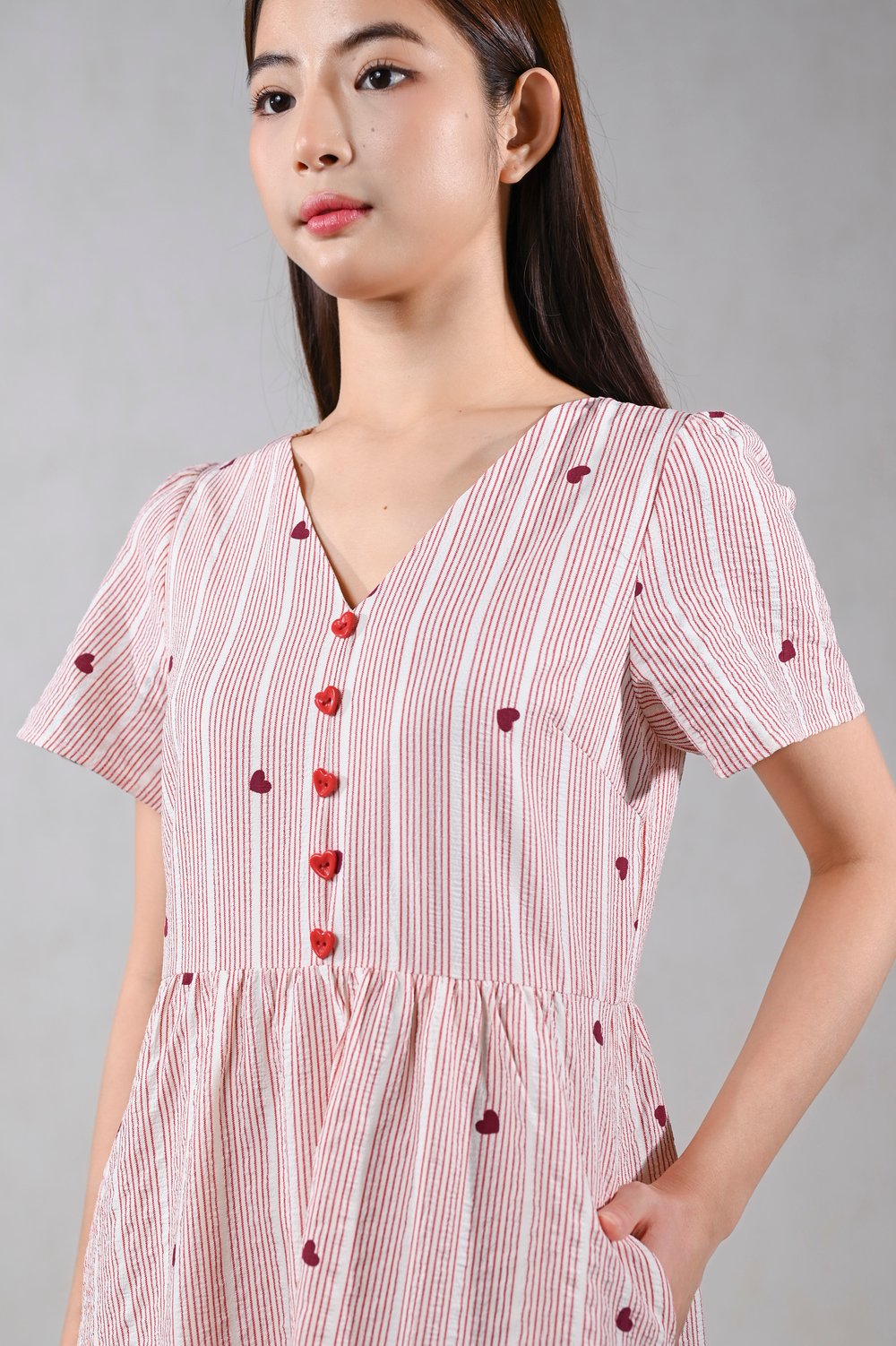 HEARTIE STRIPE V-NECK SLEEVED MIDI DRESS IN RED