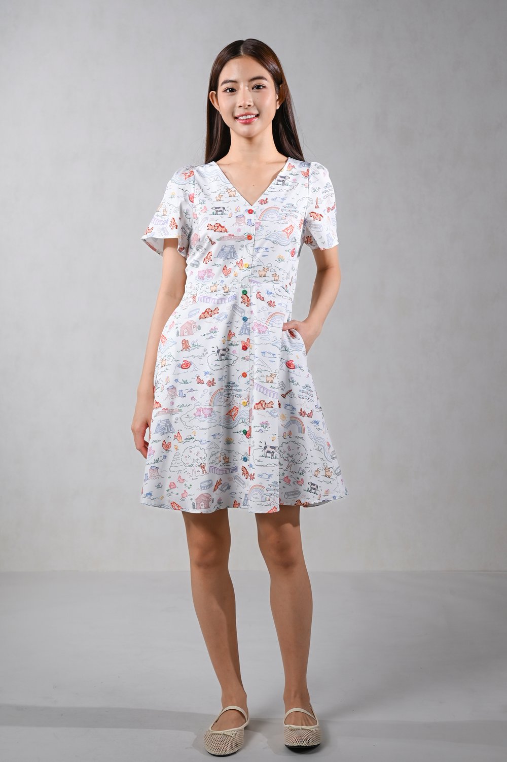 ZODIAC FARM SLEEVED SHORT BUTTON DRESS