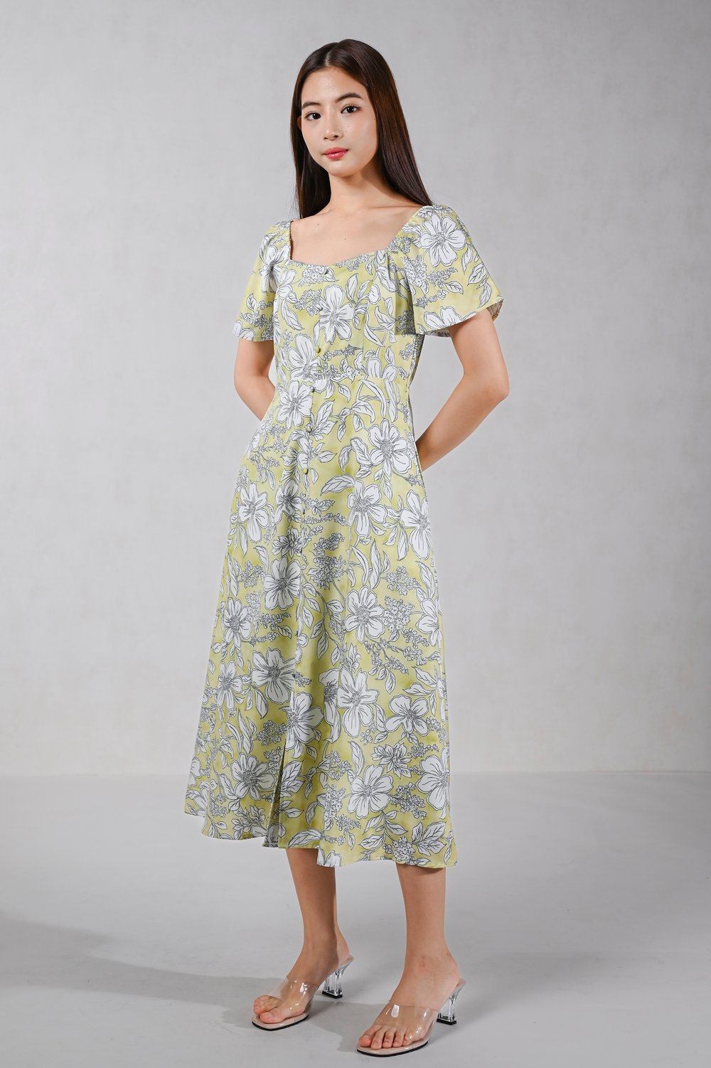JUBILEE LIME-YELLOW FLORAL SWEETHEART MIDI DRESS