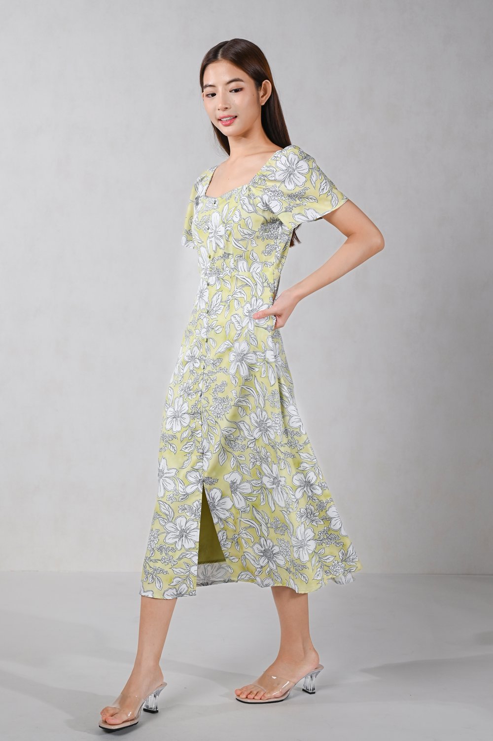 JUBILEE LIME-YELLOW FLORAL SWEETHEART MIDI DRESS