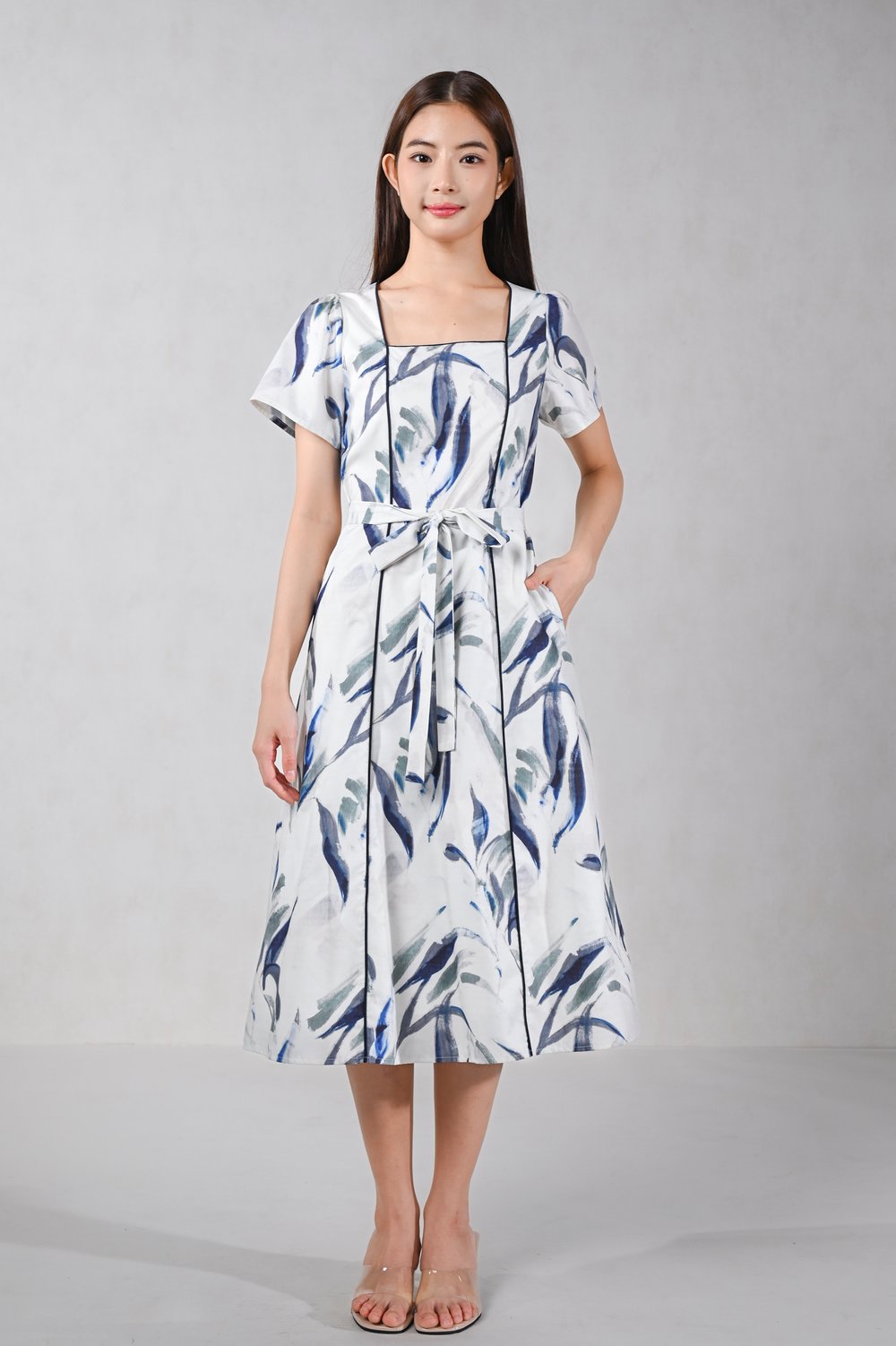 QUENBY ABSTRACT SLEEVED PANELLED MIDI DRESS