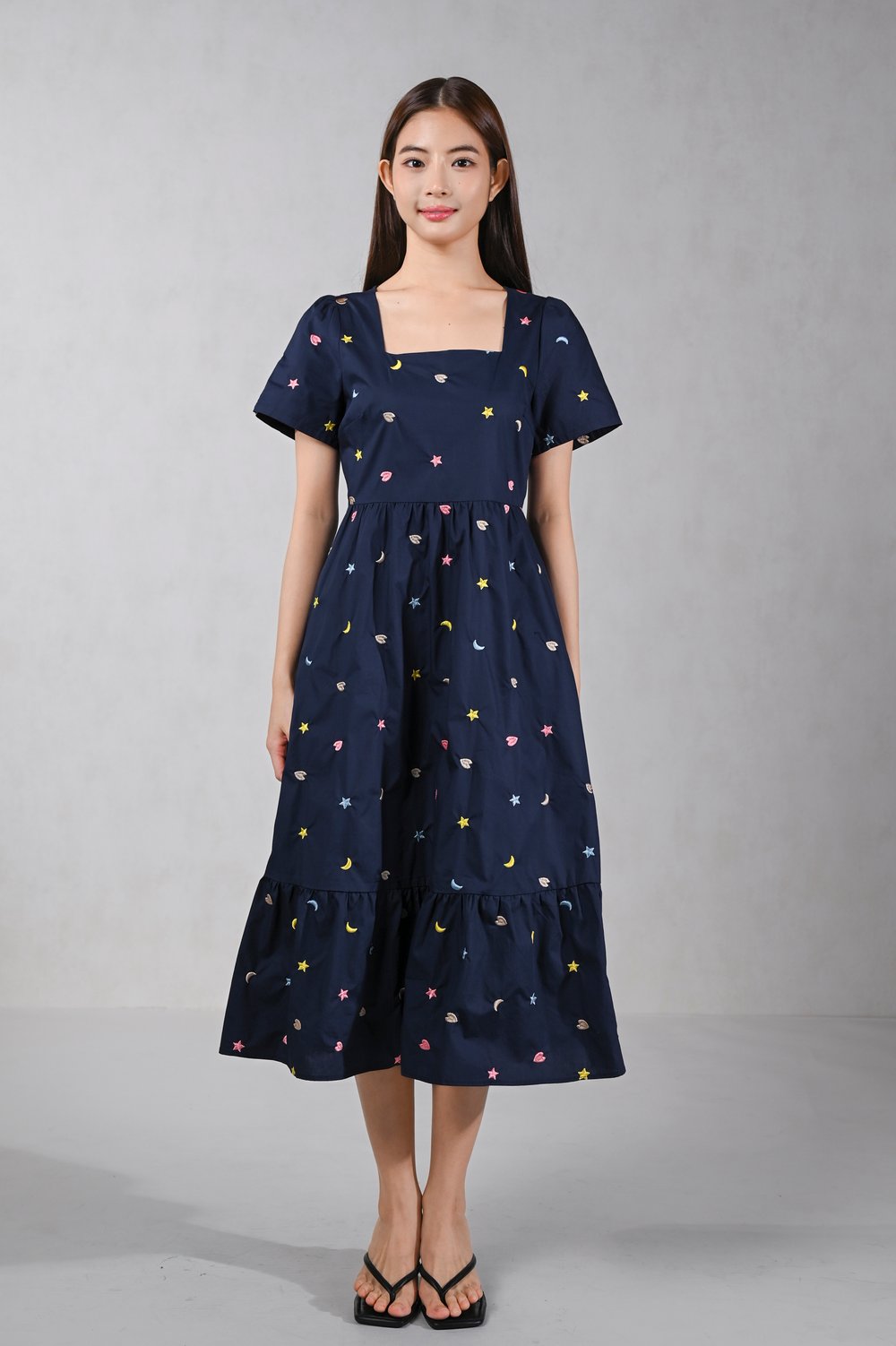 TAMSIN NAVY STARRY EMB. SQUARE-NECK MIDI DRESS