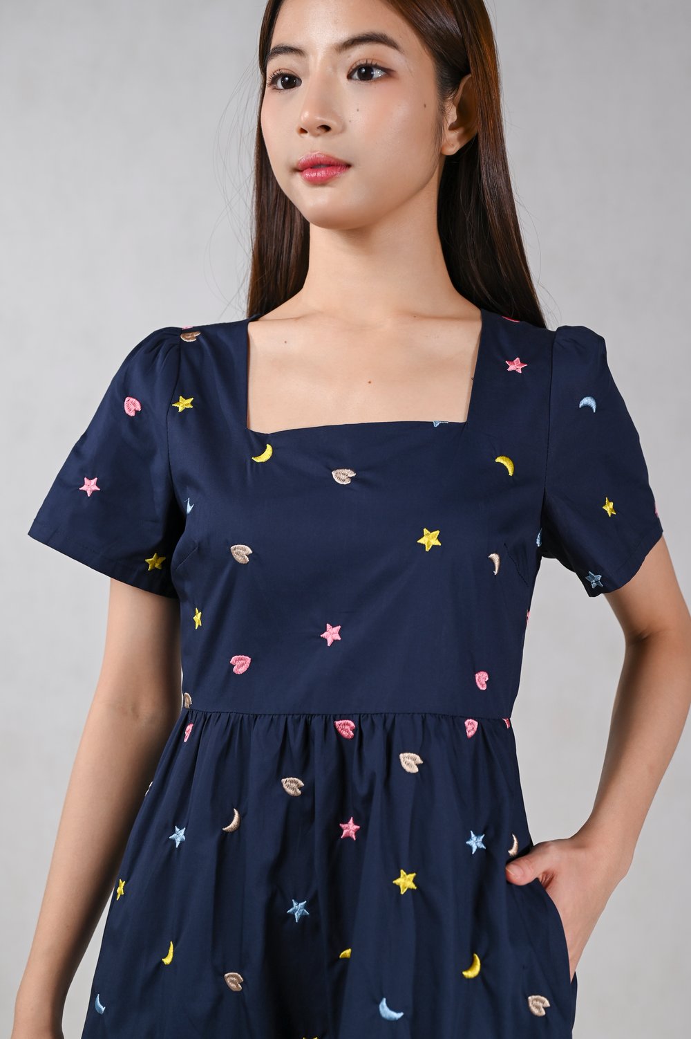 TAMSIN NAVY STARRY EMB. SQUARE-NECK MIDI DRESS