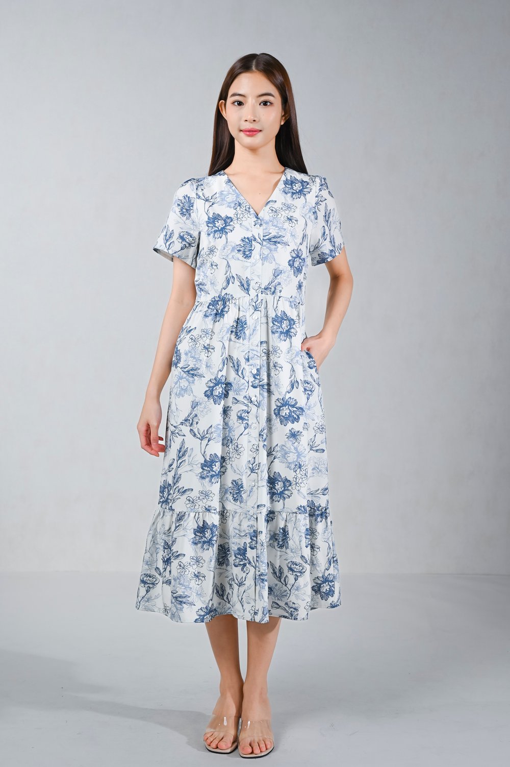 OPHALYA ABSTRACT FLORAL SLEEVED BUTTON MIDI DRESS