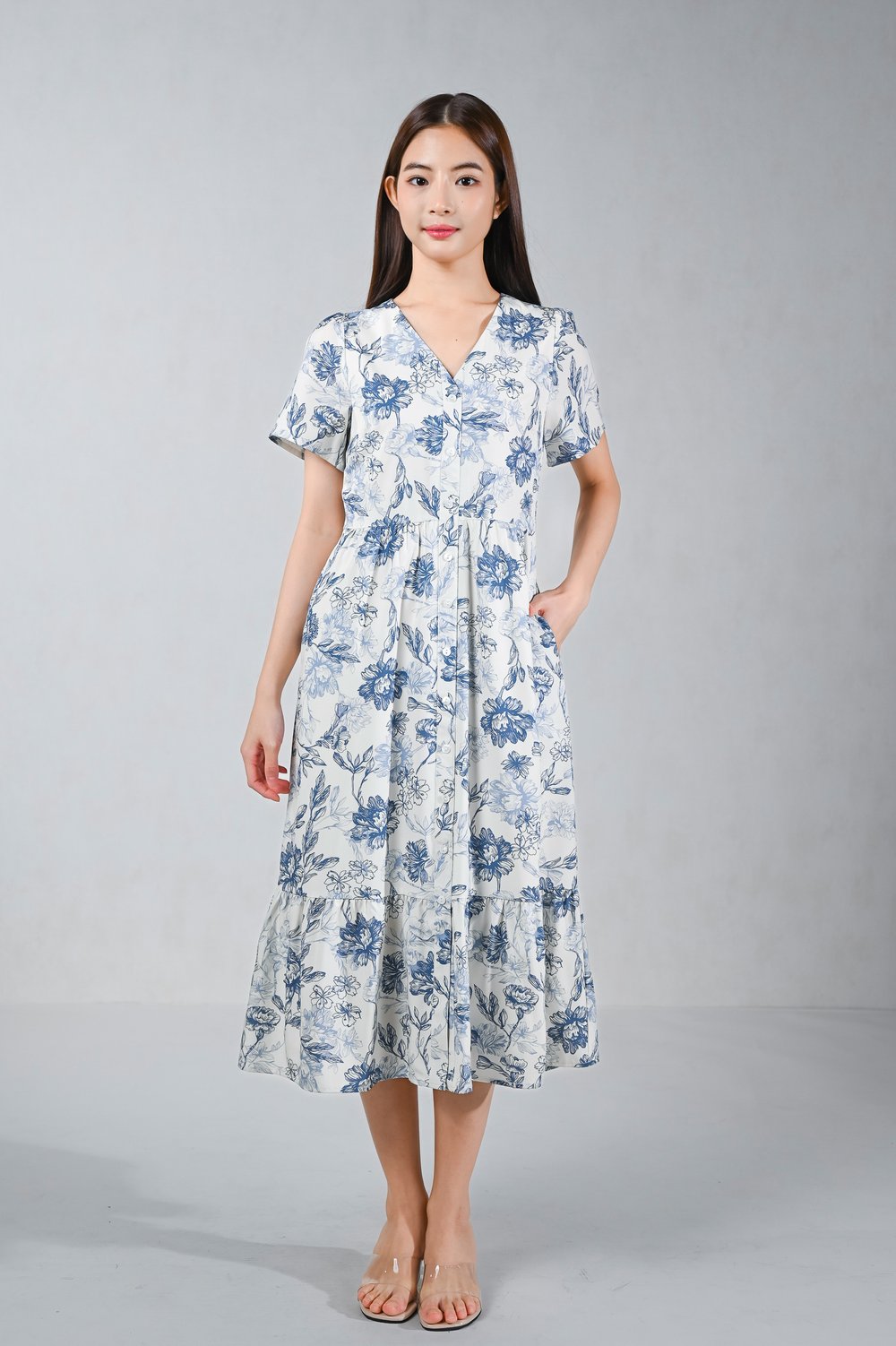 OPHALYA ABSTRACT FLORAL SLEEVED BUTTON MIDI DRESS
