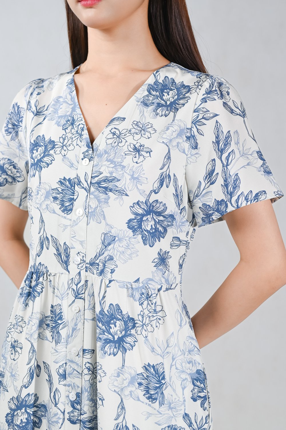 OPHALYA ABSTRACT FLORAL SLEEVED BUTTON MIDI DRESS