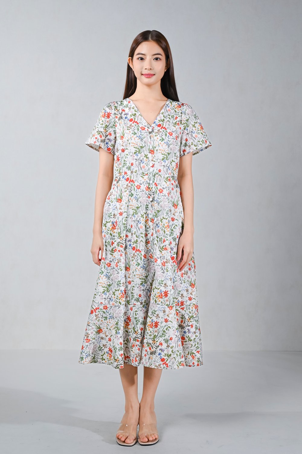 KERENSA FLORAL V-NECK SLEEVED BUTTON MIDI DRESS