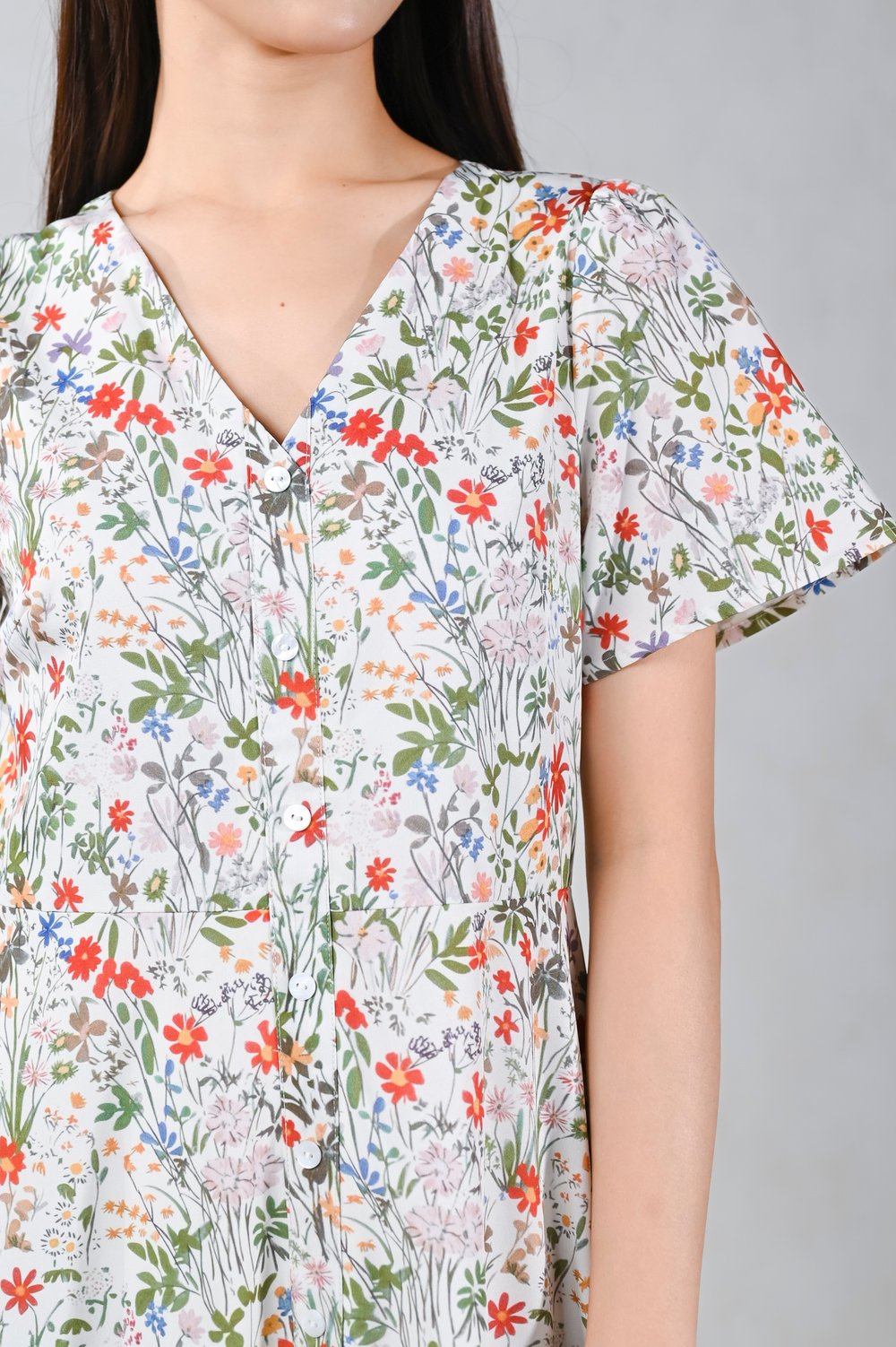 KERENSA FLORAL V-NECK SLEEVED BUTTON MIDI DRESS