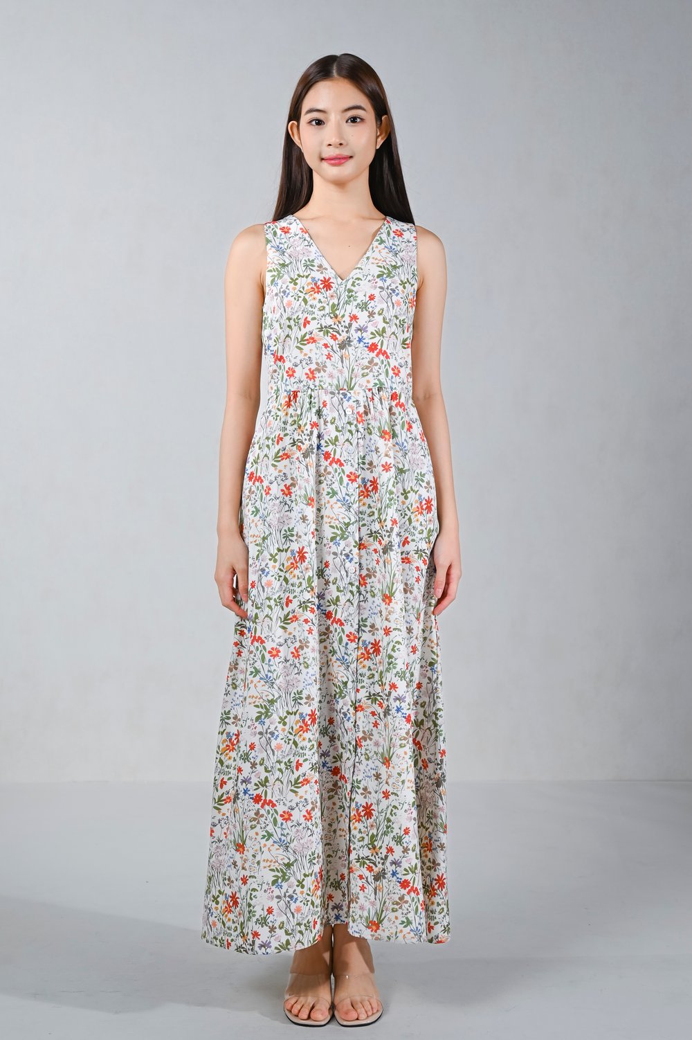 BYREE FLORAL SLEEVELESS BUTTON MAXI DRESS