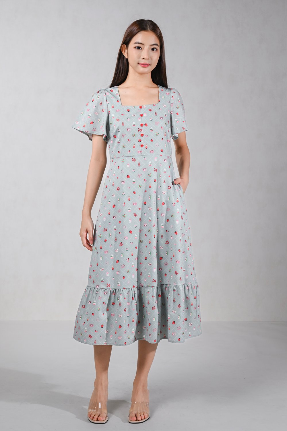 STRAWBERRY MATCHA SQUARE-NECK BUTTON MIDI DRESS