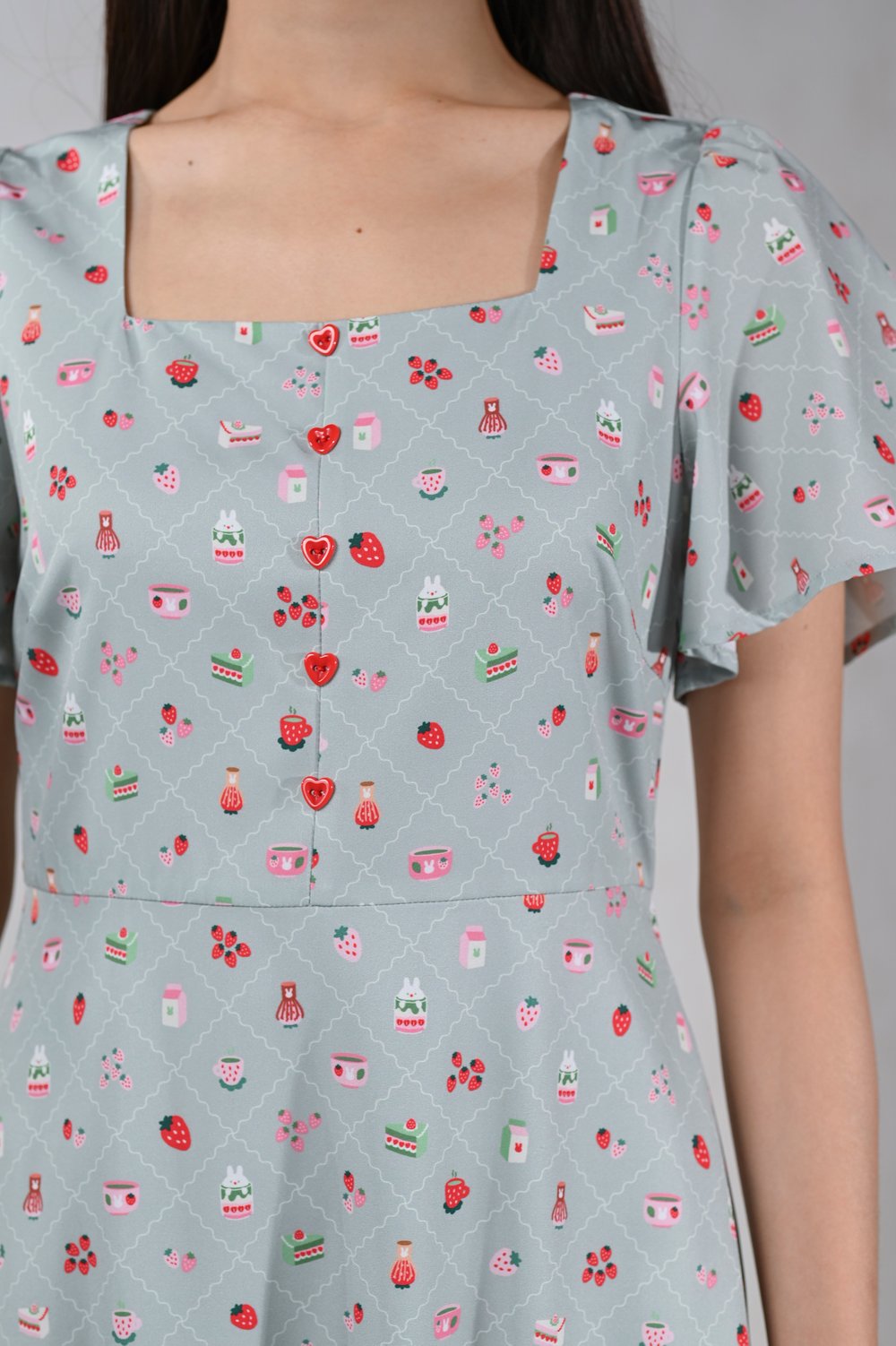 STRAWBERRY MATCHA SQUARE-NECK BUTTON MIDI DRESS