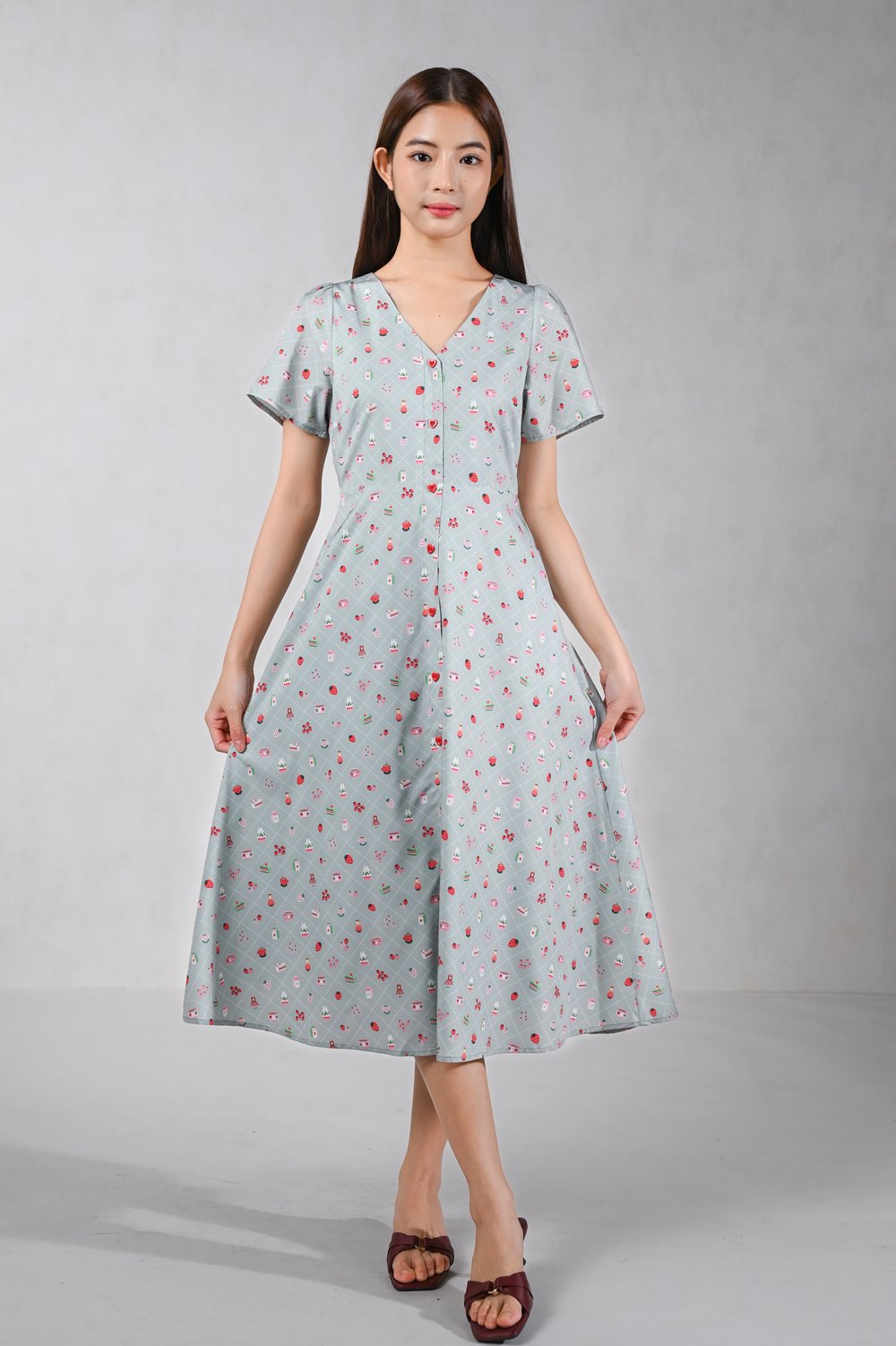 STRAWBERRY MATCHA V-NECK BUTTON MIDI DRESS