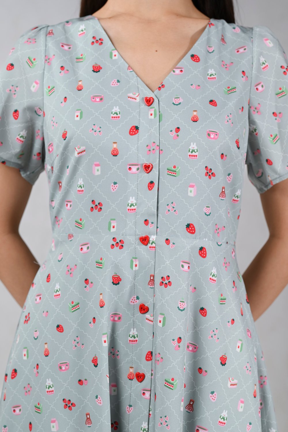 STRAWBERRY MATCHA V-NECK BUTTON MIDI DRESS