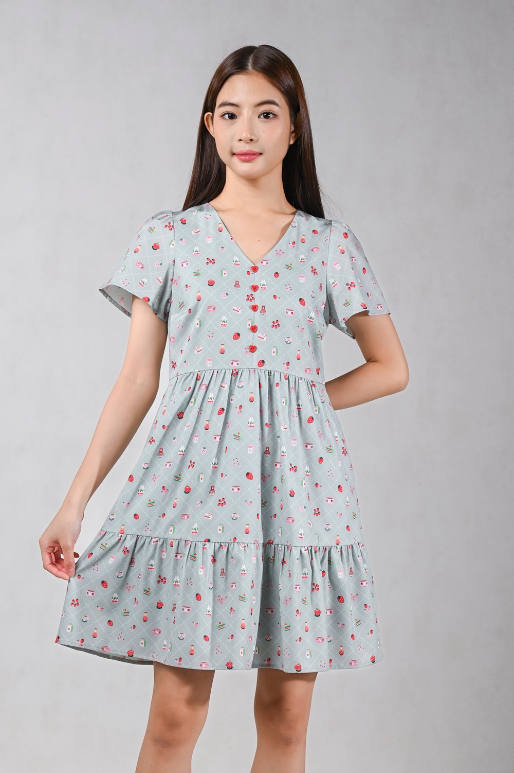 STRAWBERRY MATCHA SLEEVED BUTTON FLOUNCE DRESS