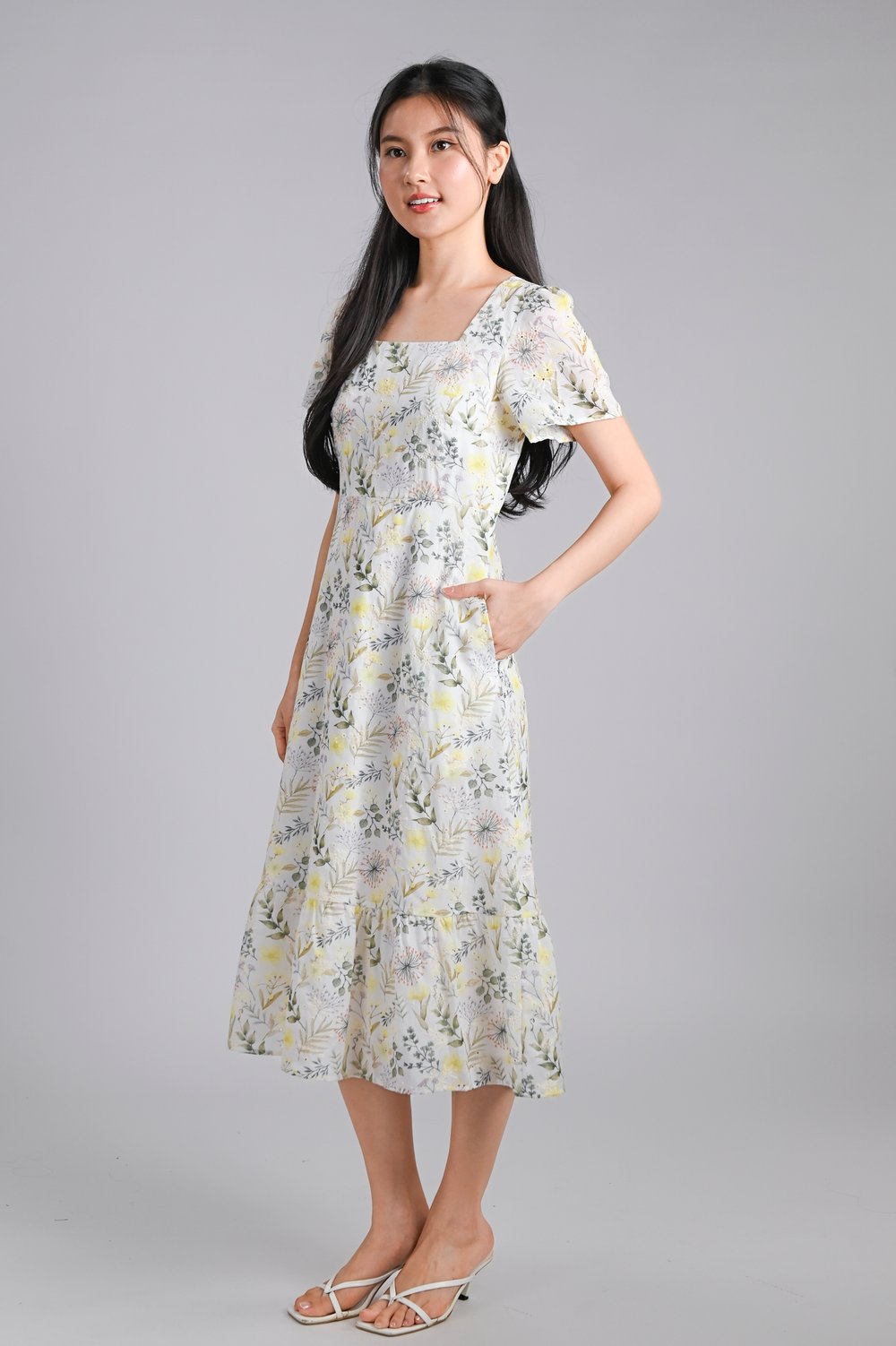 ZADIE EYELET FLORAL SQUARE-NECK SLEEVED MIDI DRESS