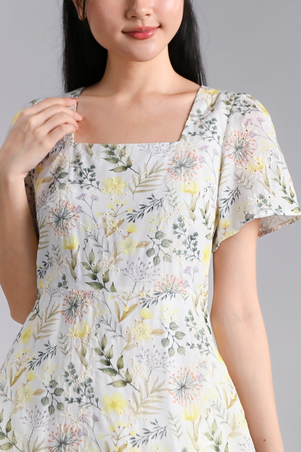 ZADIE EYELET FLORAL SQUARE-NECK SLEEVED MIDI DRESS
