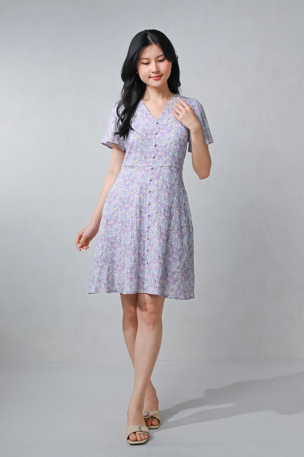 ZURU LILAC FLORAL SLEEVED BUTTON DRESS