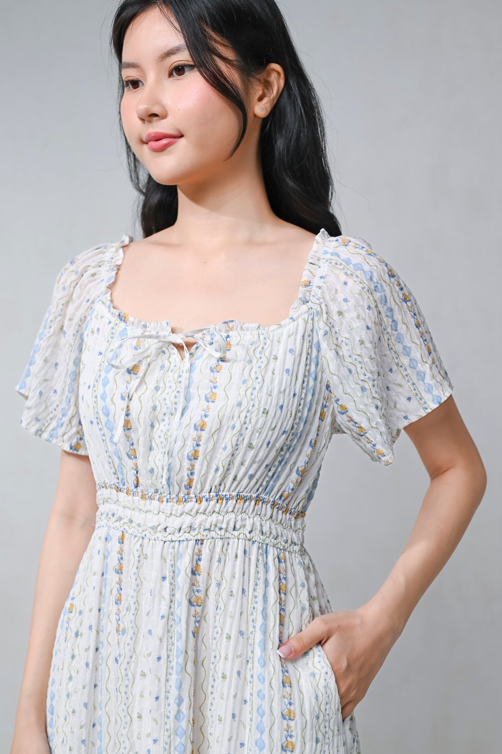 CORISE SMOCKED-WAIST SLEEVED MIDI DRESS