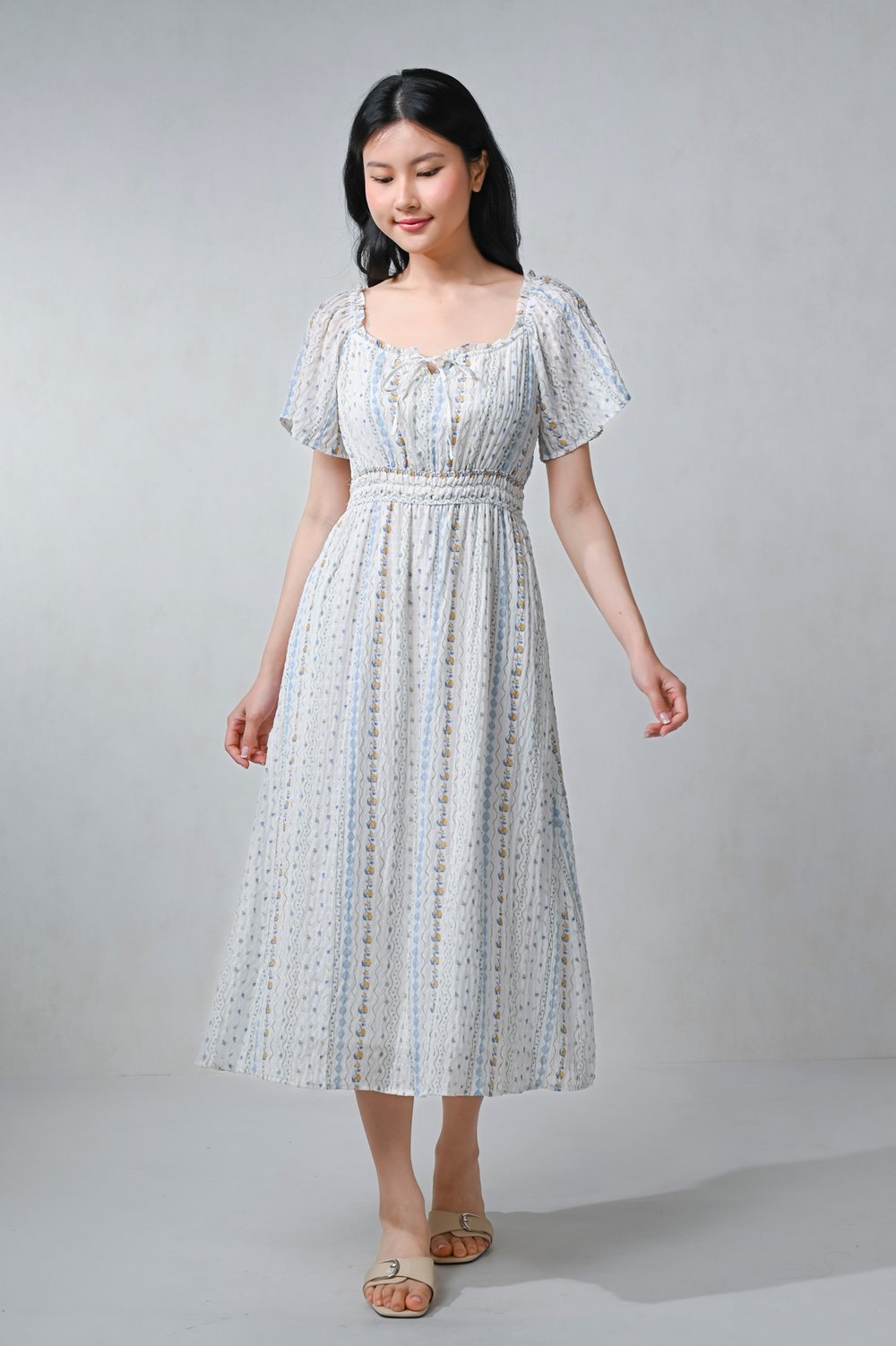 CORISE SMOCKED-WAIST SLEEVED MIDI DRESS