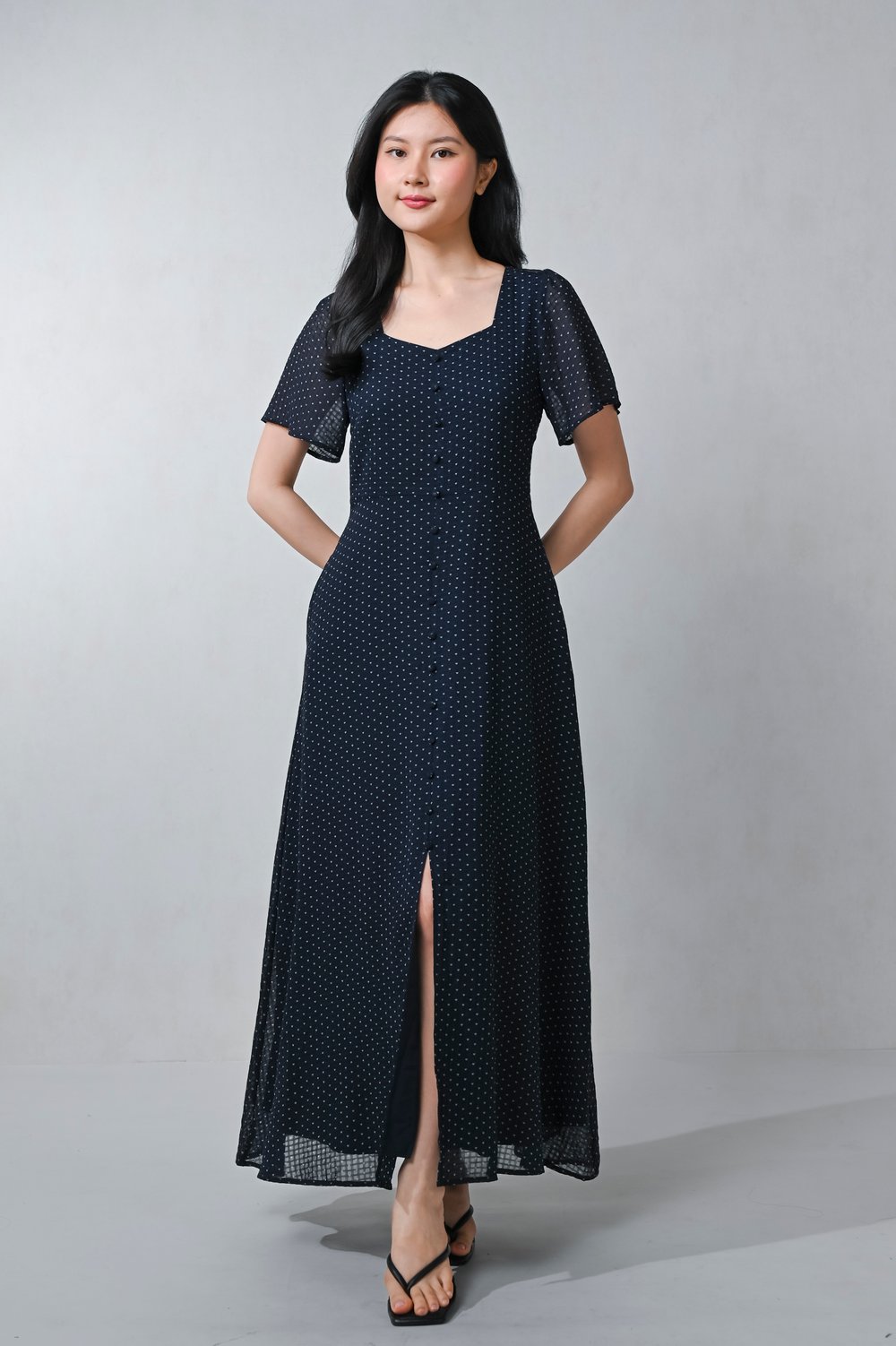 IVEY NAVY HEARTS SLEEVED MAXI DRESS