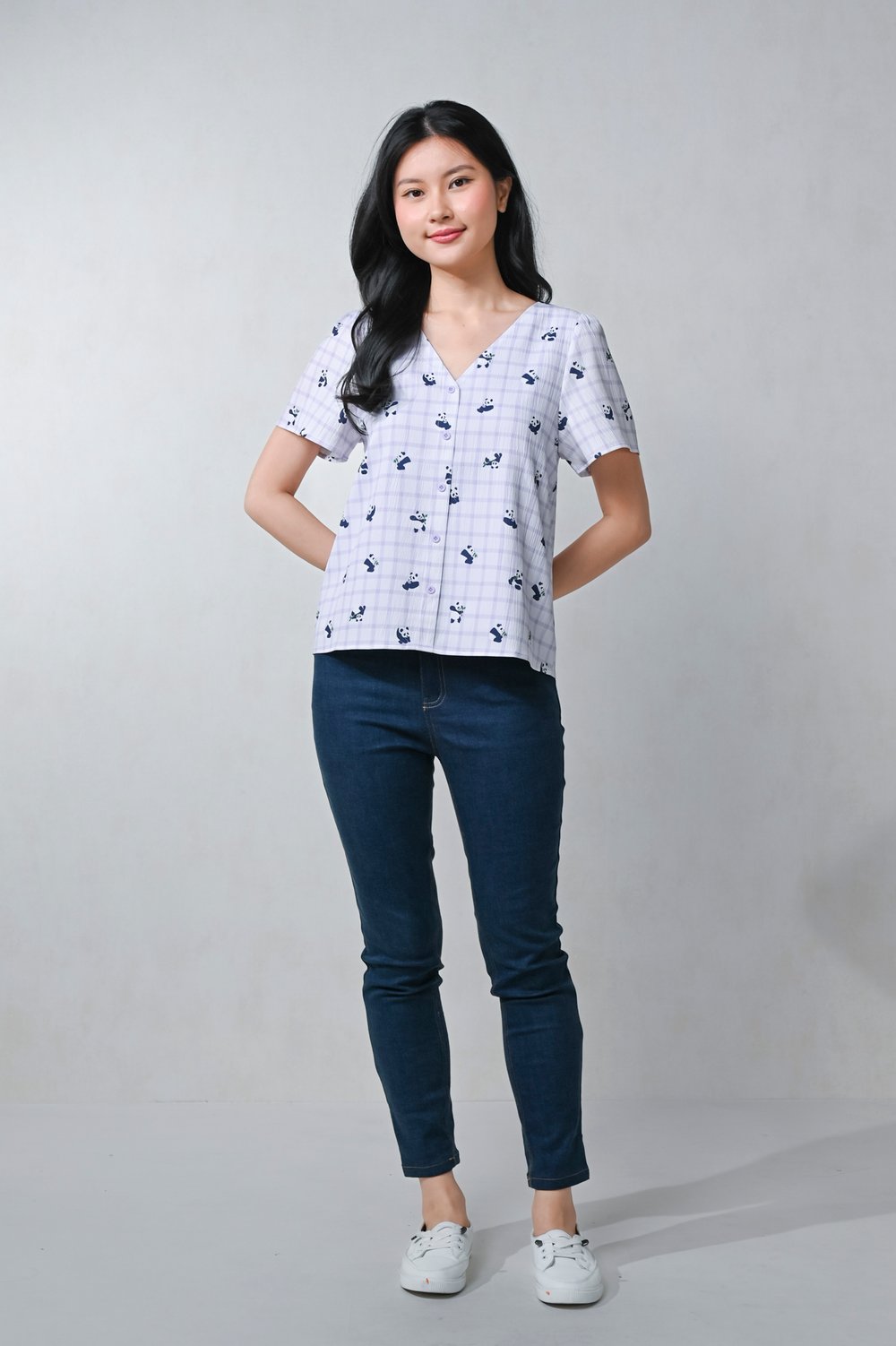 LILAC PANDA PARTY SLEEVED BUTTON TOP