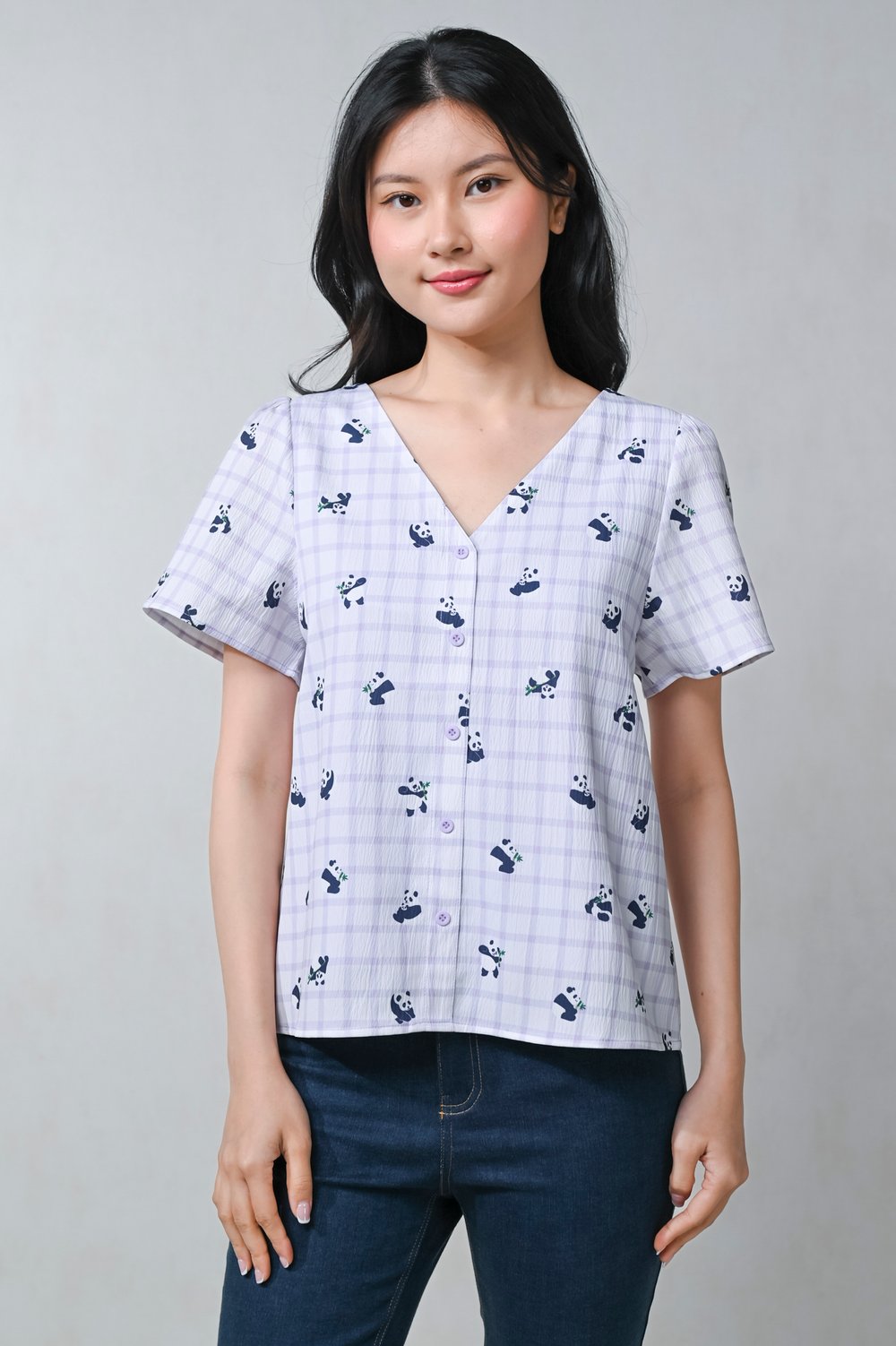 LILAC PANDA PARTY SLEEVED BUTTON TOP