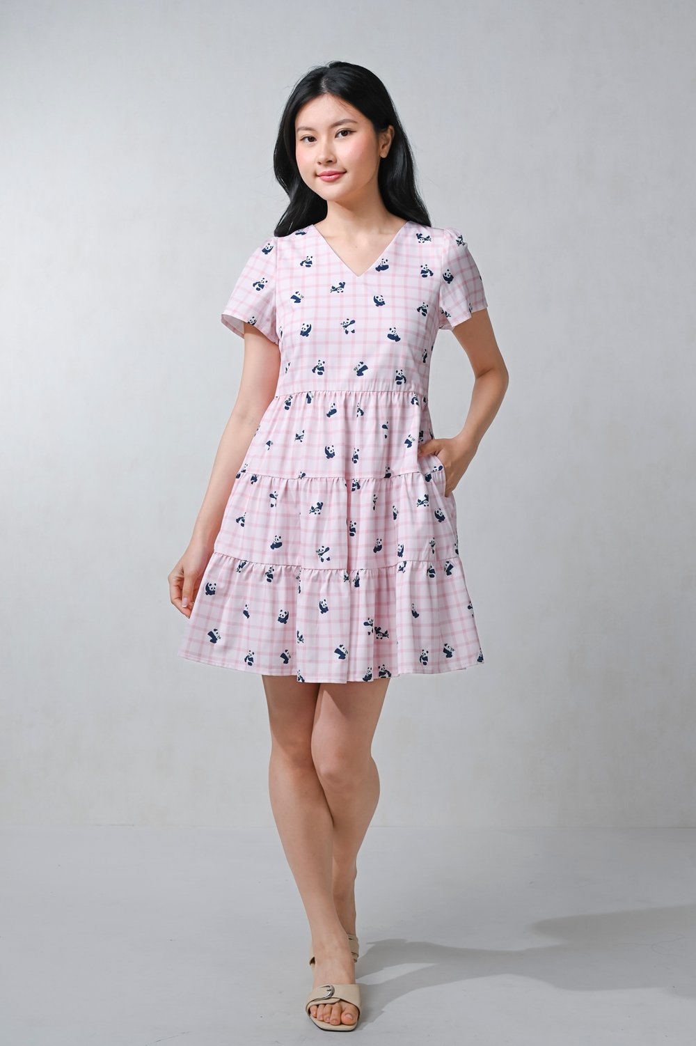 PINK PANDA PARTY V-NECK BABYDOLL DRESS