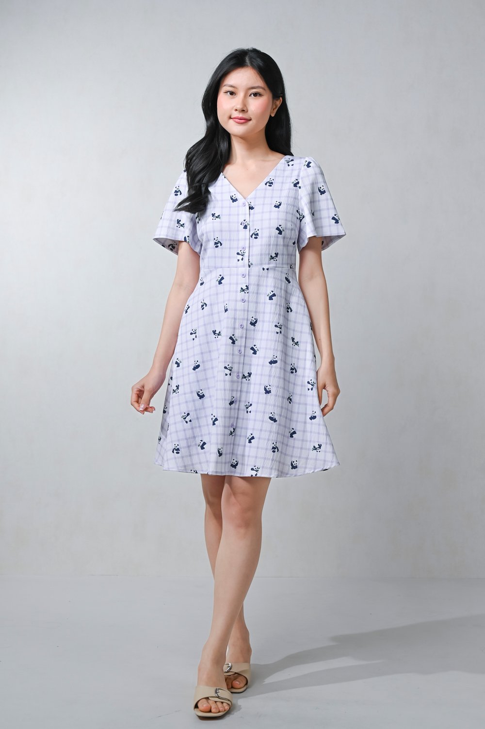 LILAC PANDA PARTY SLEEVED SHORT BUTTON DRESS
