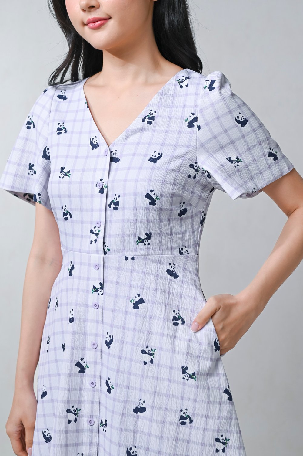 LILAC PANDA PARTY SLEEVED SHORT BUTTON DRESS