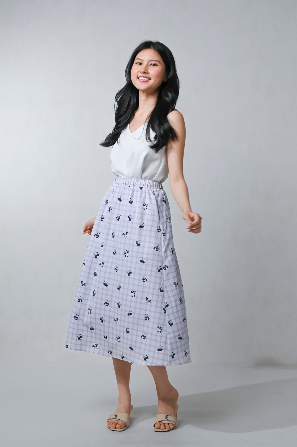 LILAC PANDA PARTY ELASTIC-WAIST MIDI SKIRT
