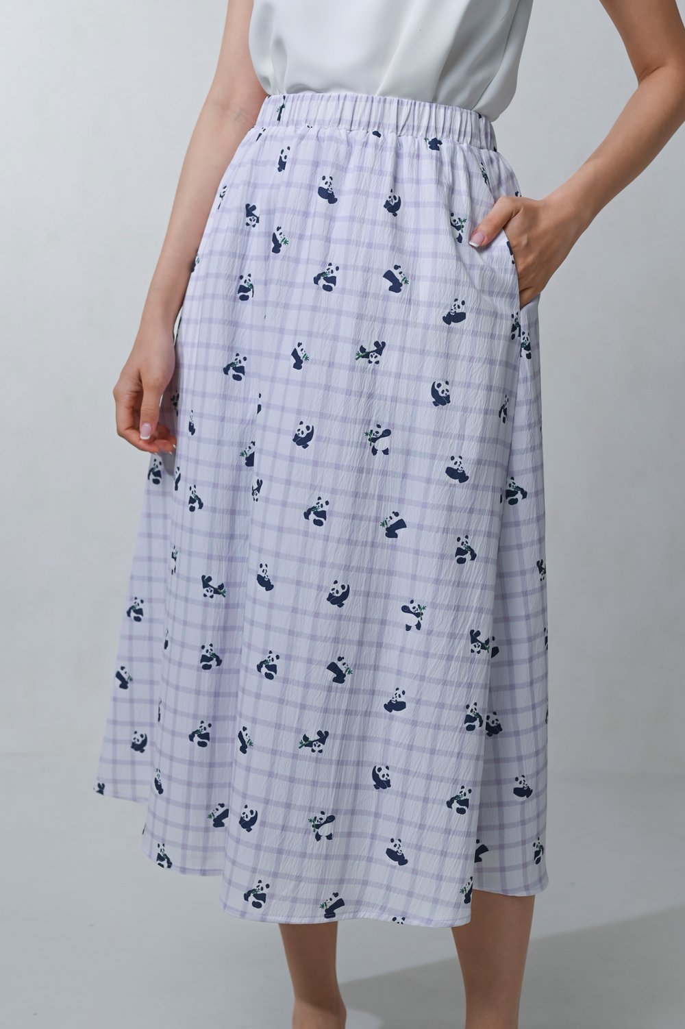 LILAC PANDA PARTY ELASTIC-WAIST MIDI SKIRT