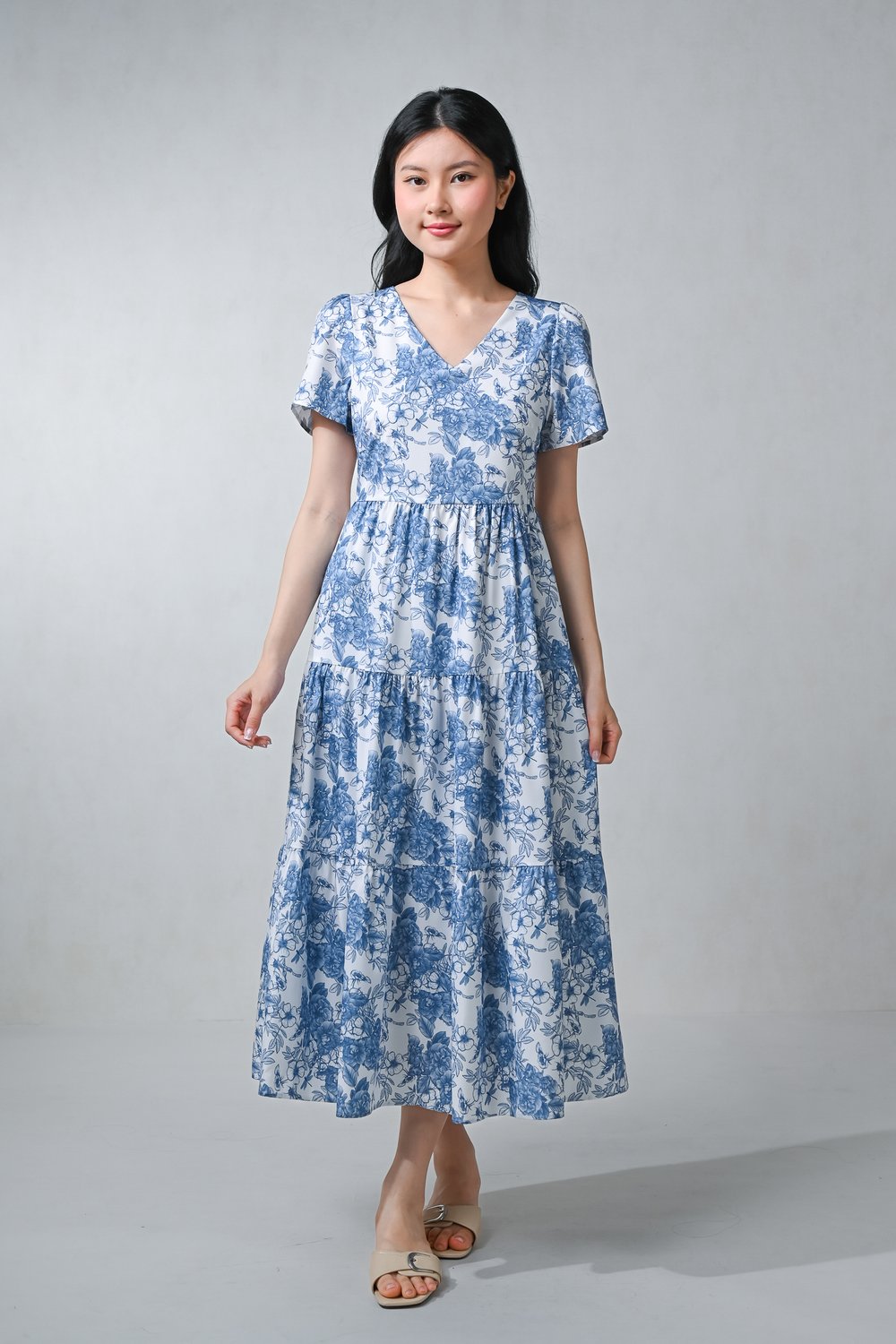 DRAGONFLY GARDEN V-NECK TIERED MIDAXI DRESS
