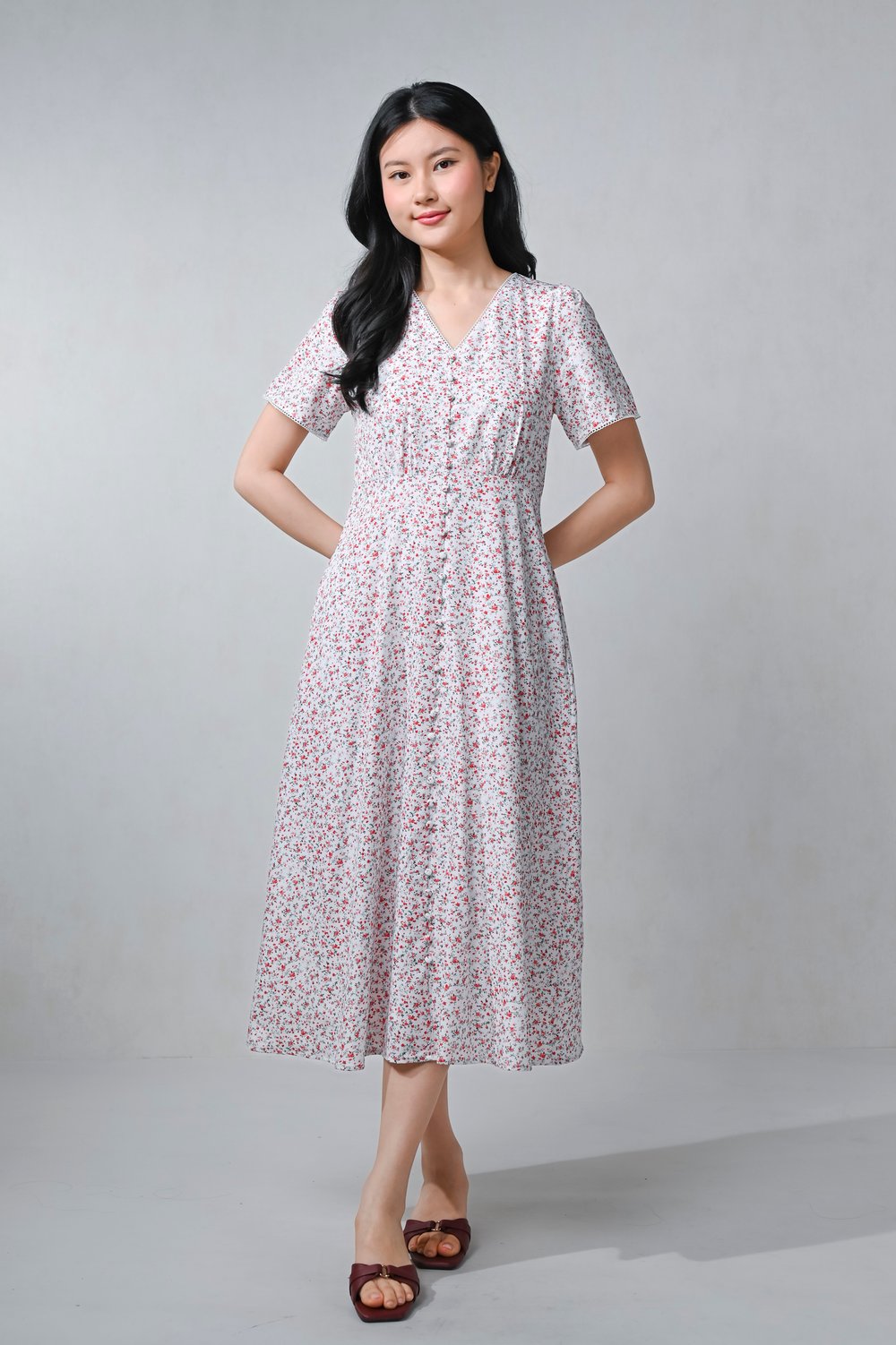 VAUGHN RED FLORAL SLEEVED BUTTON MIDI DRESS