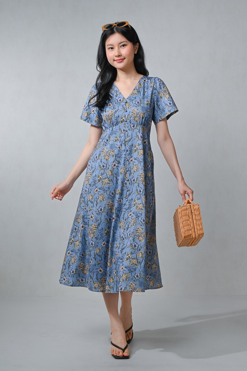 JOSSIE BLUE FLORAL SLEEVED BUTTON MIDI DRESS