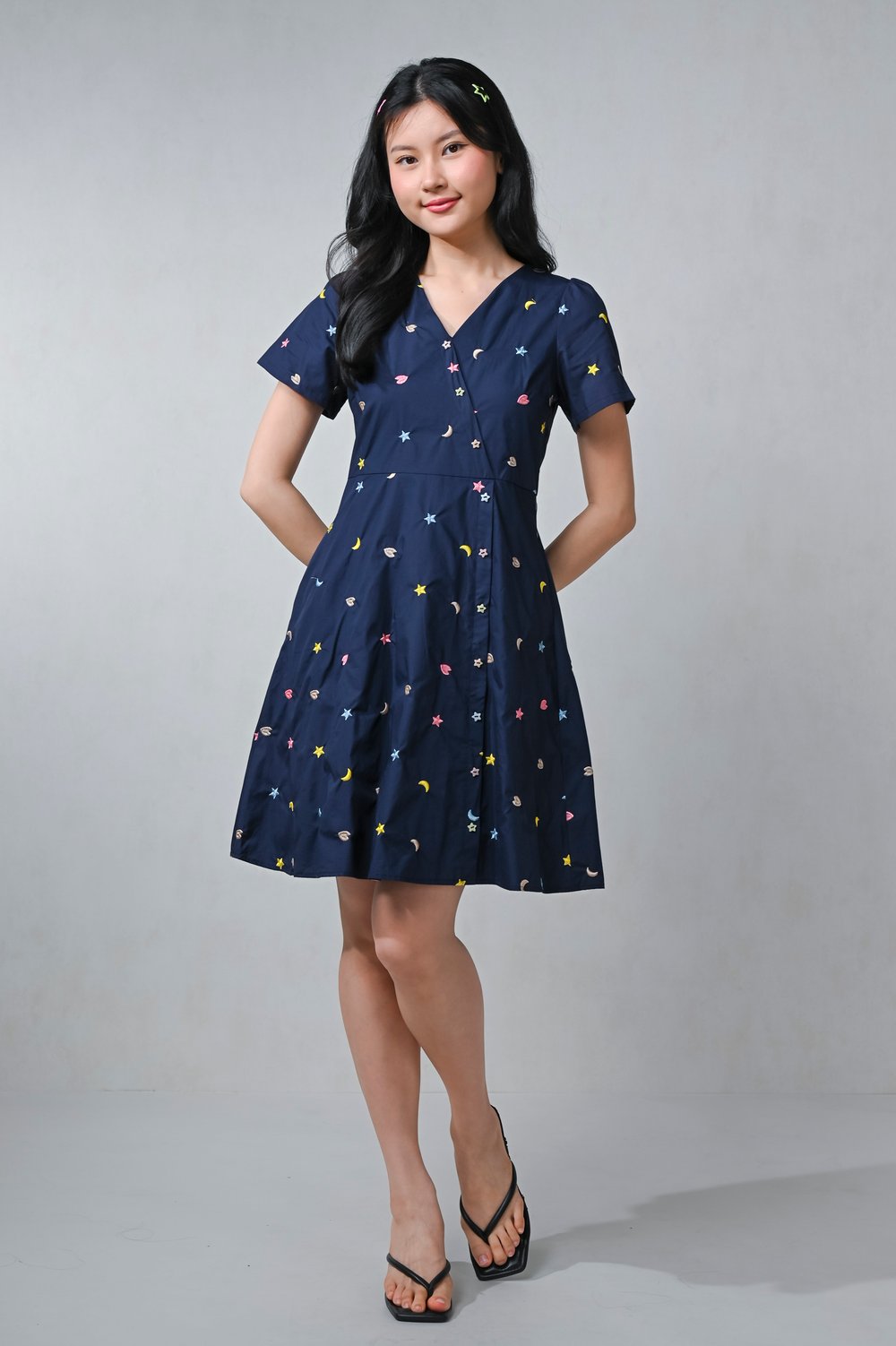 VINY NAVY STARRY EMB. SLEEVED BUTTON DRESS