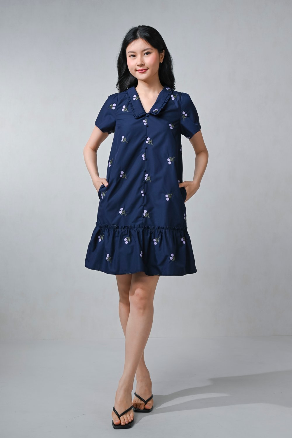 NERIS NAVY FLORAL EMB. PETERPAN-COLLAR DRESS